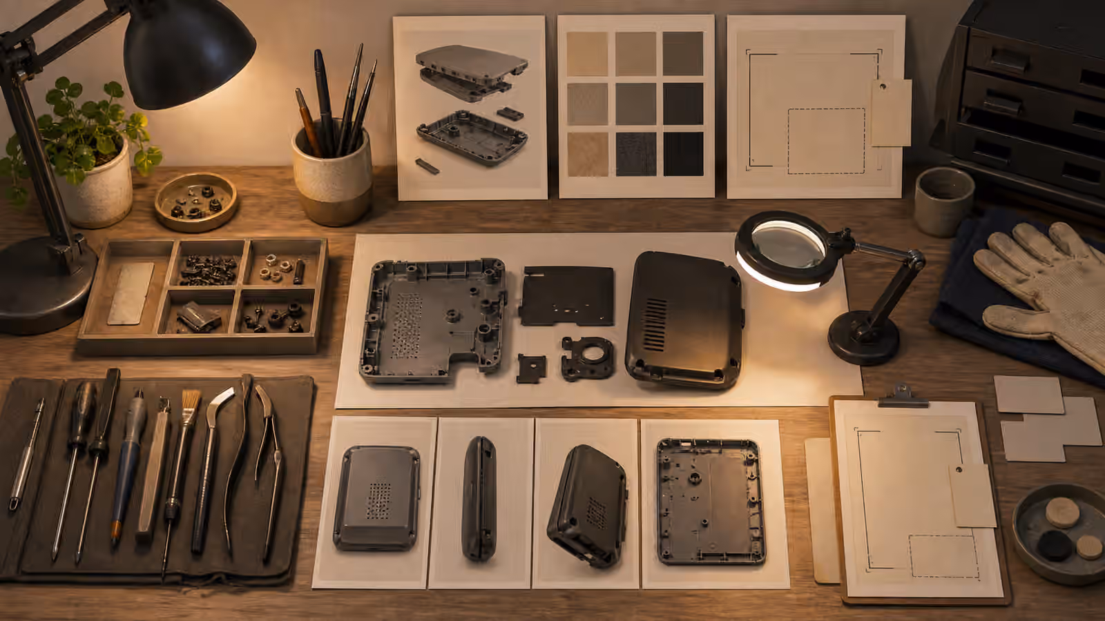 A clean repair planning workbench with disconnected object housings, safe tool silhouettes, parts trays, material swatches, and crop frames.