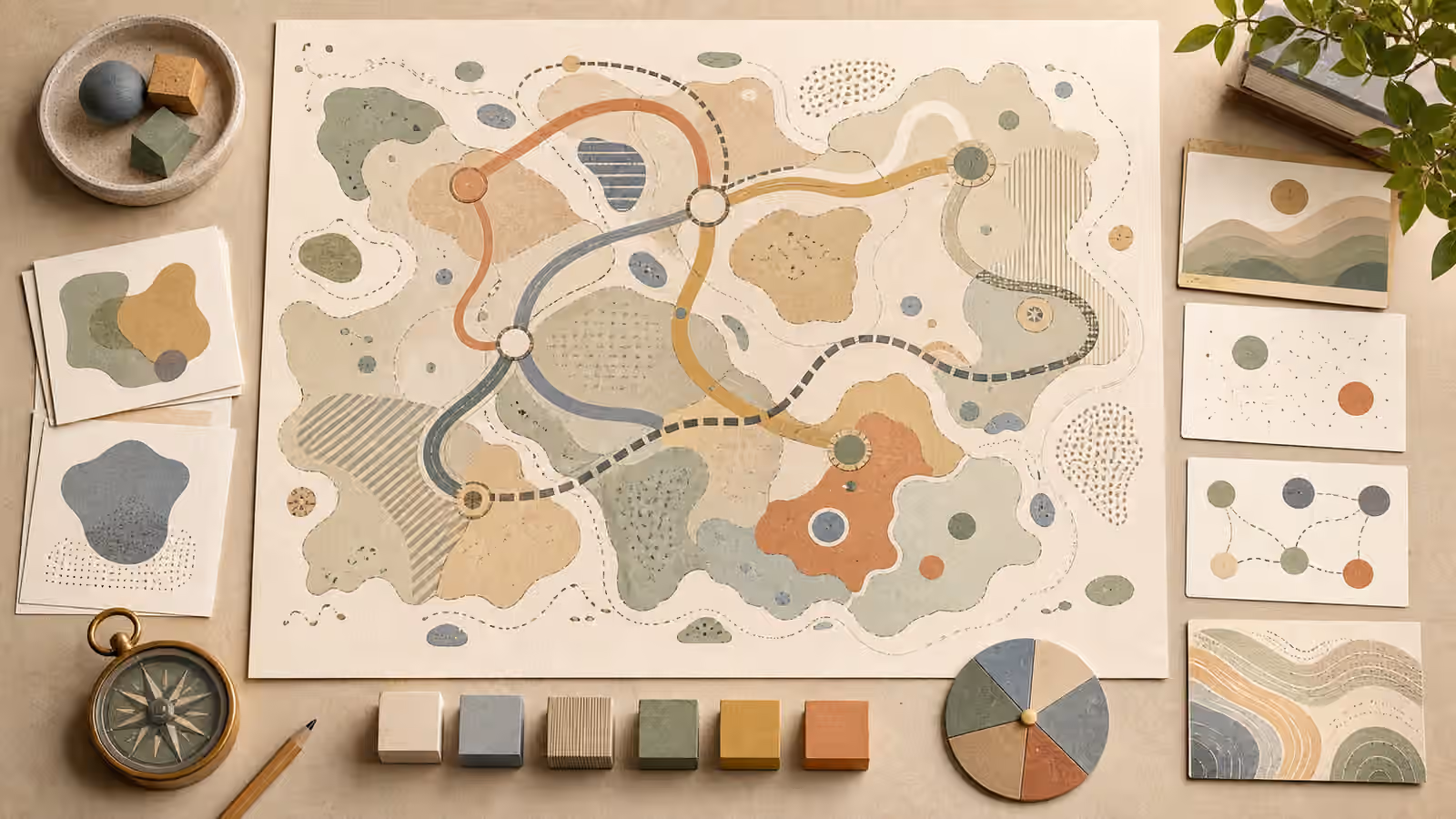 A fictional map-like board with abstract land shapes, route ribbons, scale blocks, color swatches, and unlabeled evidence cards.