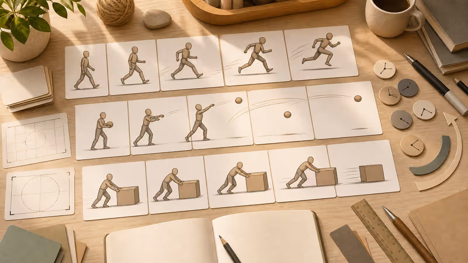 A storyboard desk with blank cards showing faceless figures, motion arcs, and moving props.