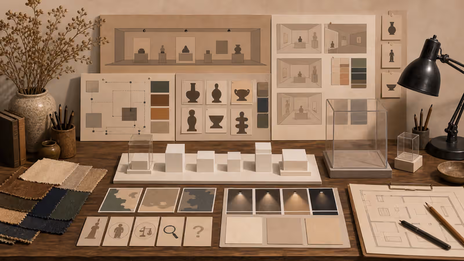 An exhibit-design table with blank plinth models, display-case shapes, fictional artifact cards, lighting swatches, and provenance cue cards.