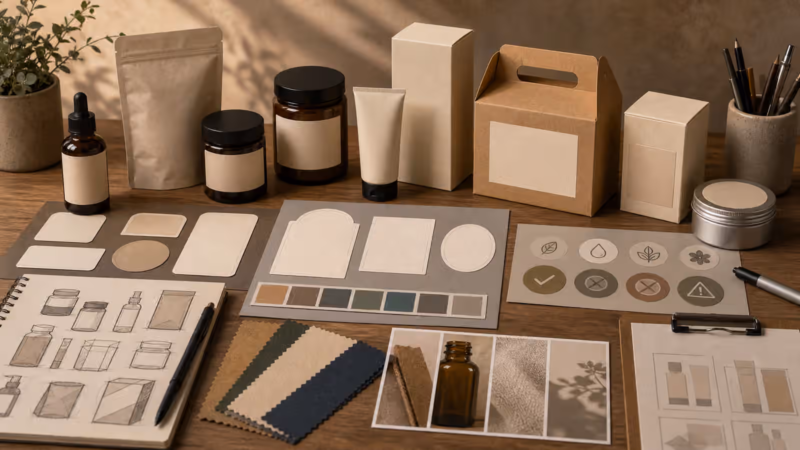 An unbranded packaging concept desk with blank boxes, jars, pouches, label panels, material swatches, and claim-review markers.