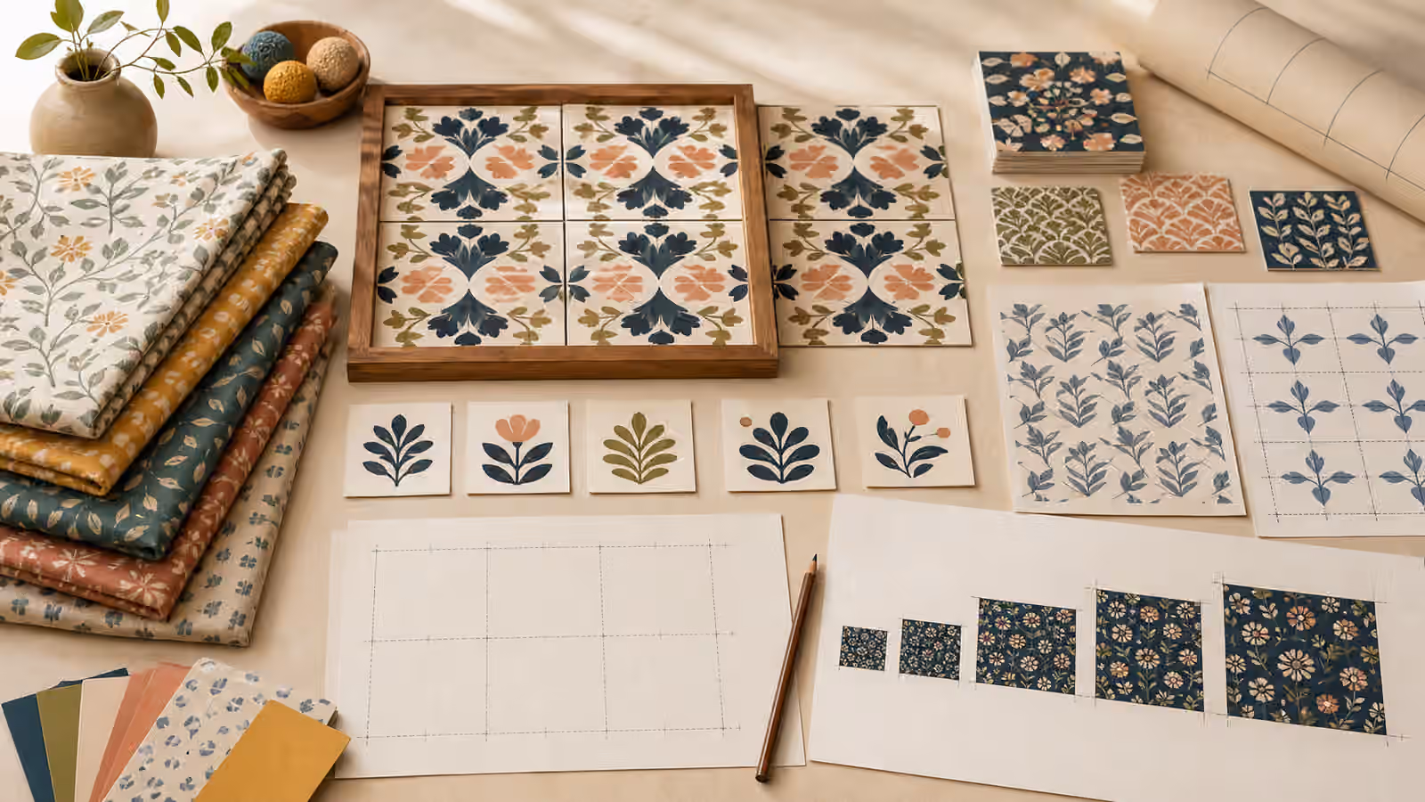 A design desk with pattern tiles, motif cards, paper and fabric swatches, edge guides, and blank sample sheets.
