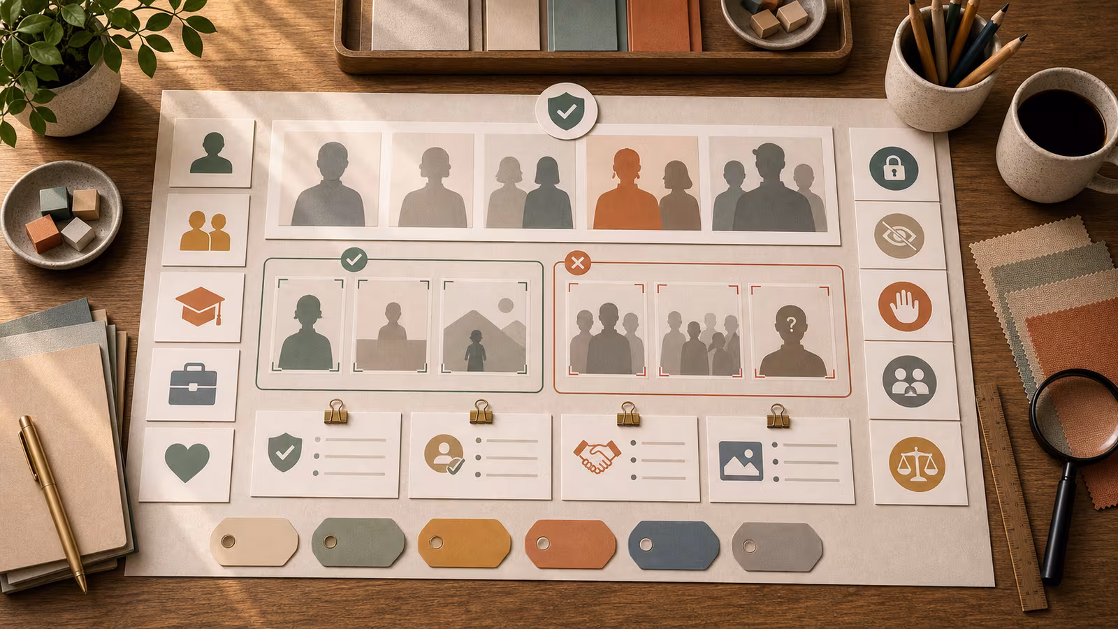 A likeness and consent planning board with abstract silhouettes, role cards, and boundary markers for safer AI people imagery.
