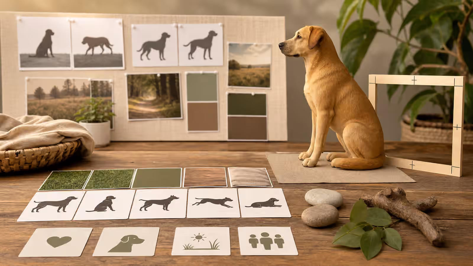 A creative desk with animal pose cards, pet-scale props, paw-level framing guides, and review markers for responsible animal visuals.
