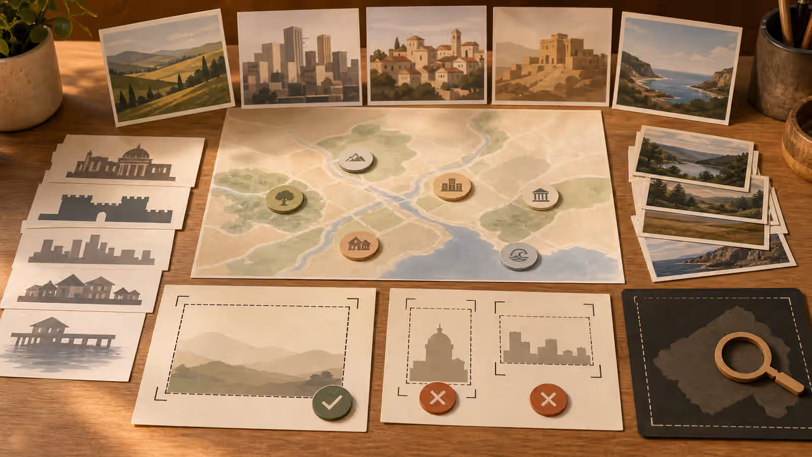 A planning table with abstract map cards, generic building silhouettes, landscape thumbnails, crop frames, and location cue markers.