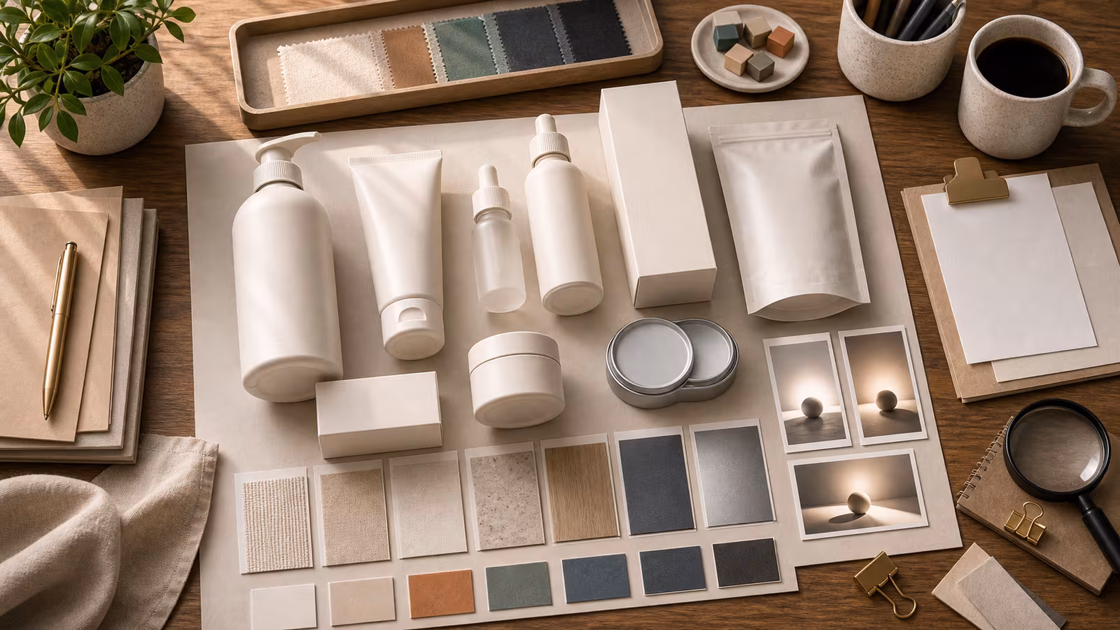 Unbranded product mockup objects with blank labels, material swatches, and neutral packaging arranged on a studio desk.