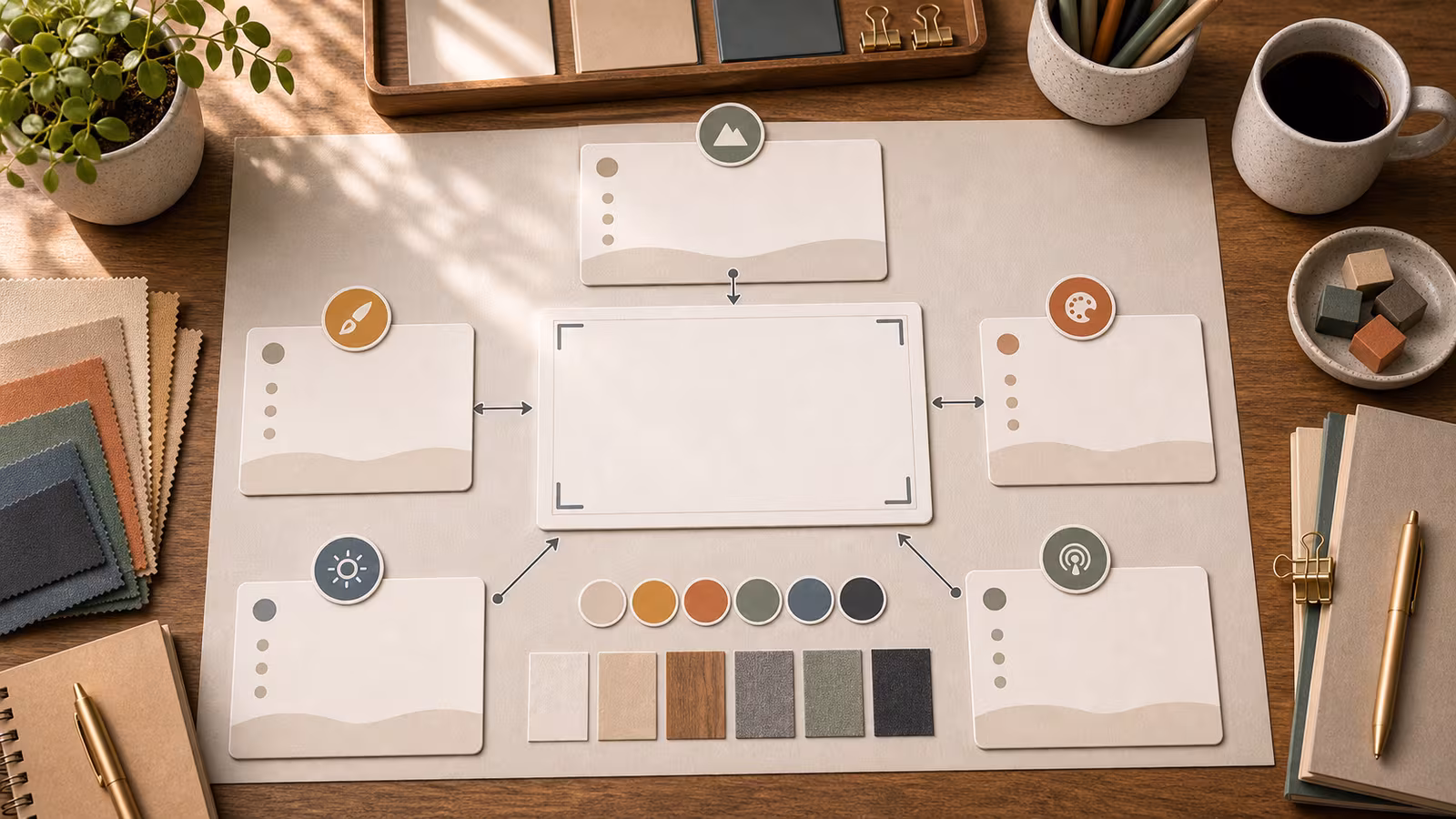 Five blank prompt anatomy cards arranged around an image frame with shapes for subject, setting, action, medium, and constraints.