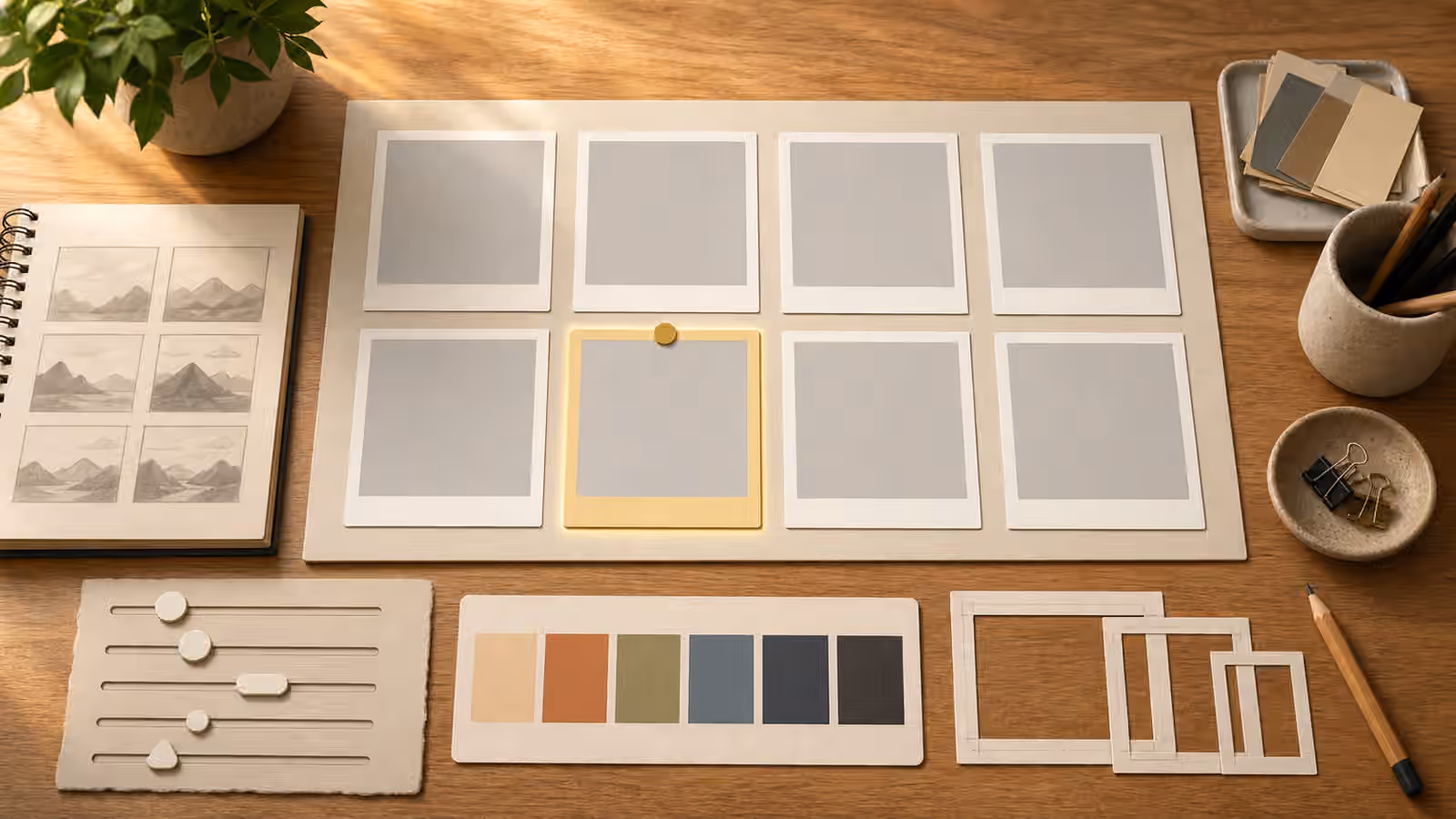 A creative desk with blank image variant cards, one highlighted variable card, color swatches, crop frames, and simple controls.