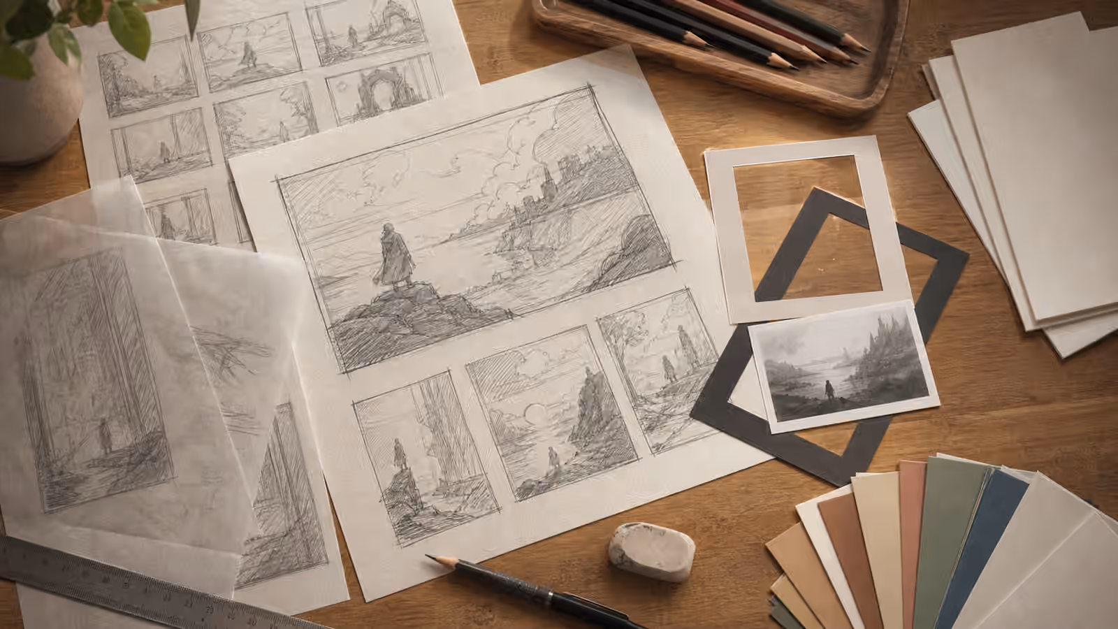 A studio desk with pencil thumbnail sketches, tracing paper, crop frames, and blank image cards for planning image layout.