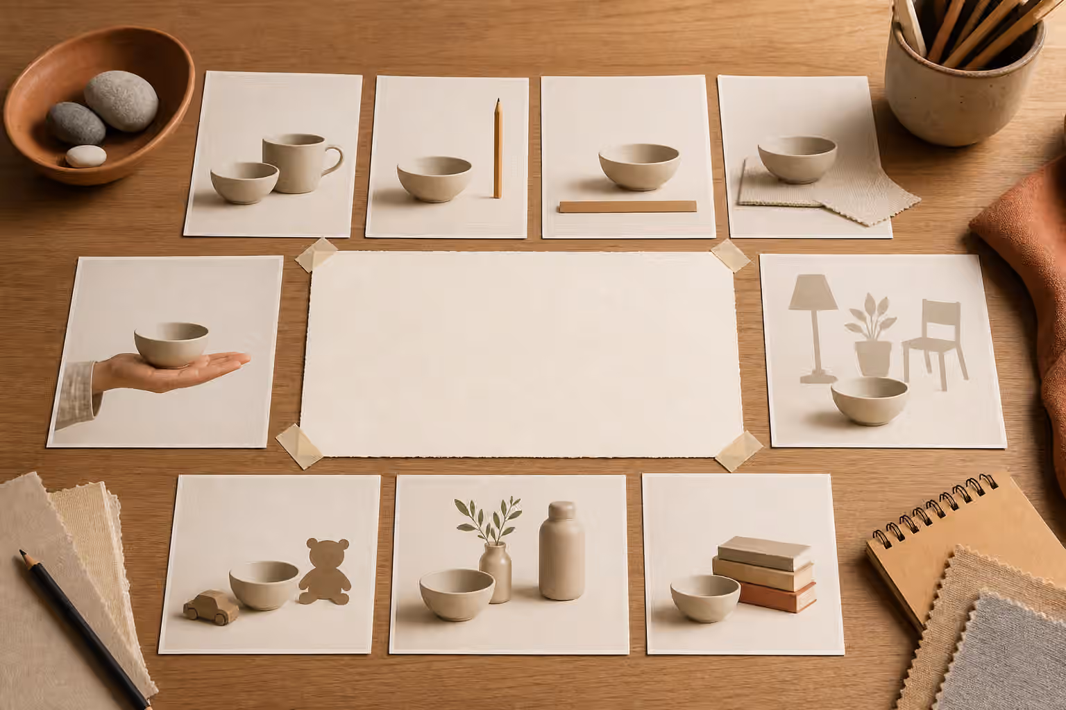 A scale and context prompting desk with ceramic bowls, plain props, blank image cards, and material swatches.