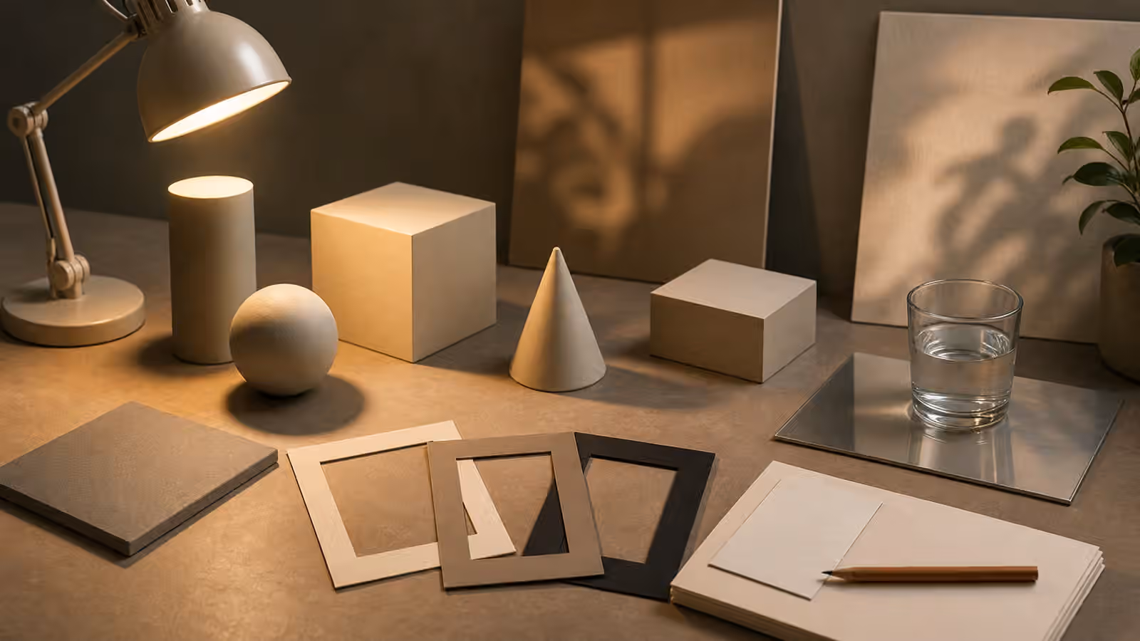 A tabletop studio with simple objects, a small lamp, soft shadows, a matte surface sample, a reflective tile, and crop frames.