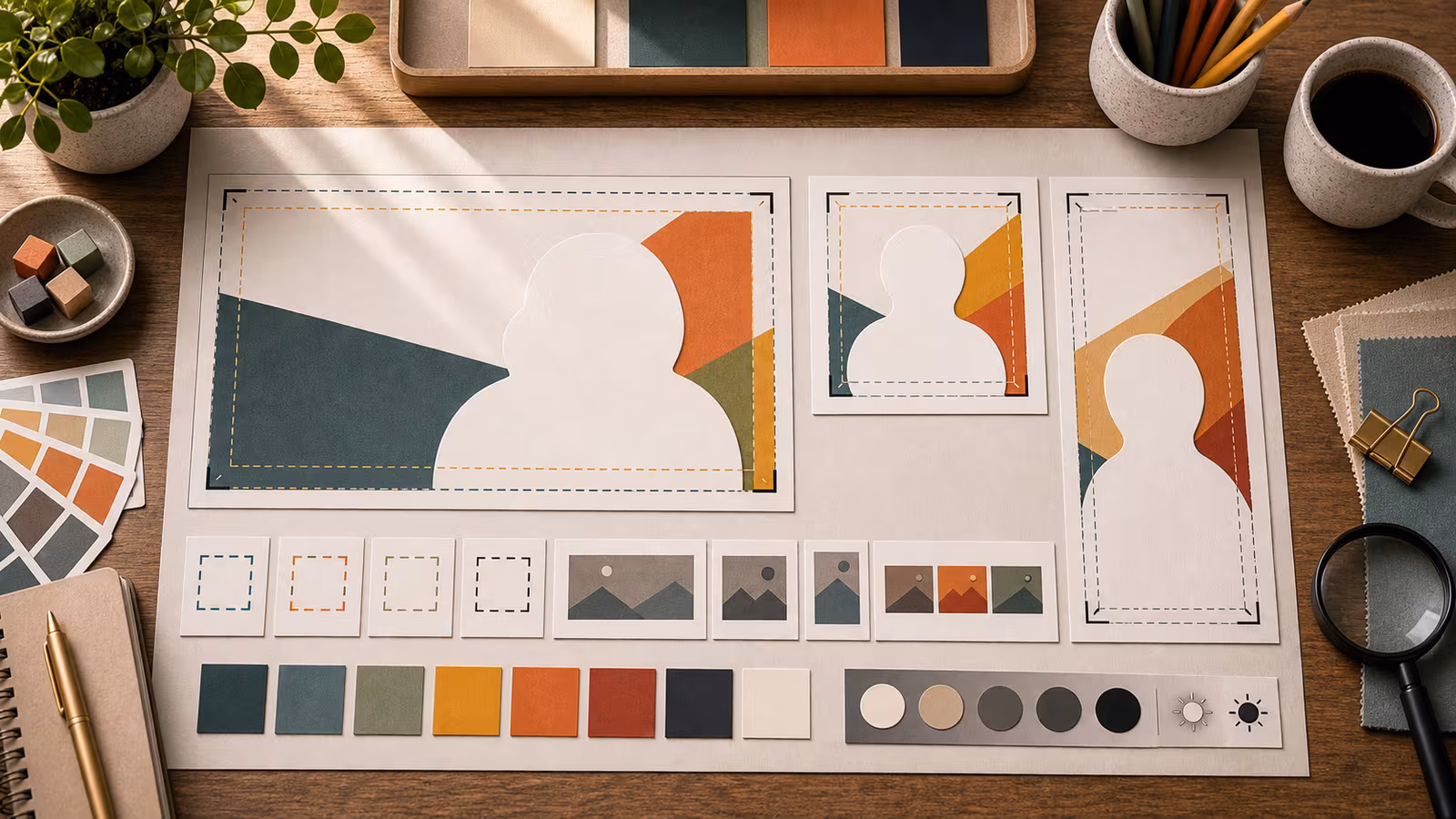 A social thumbnail planning board with crop masks, contrast blocks, and a large blank subject shape for AI image prompting.