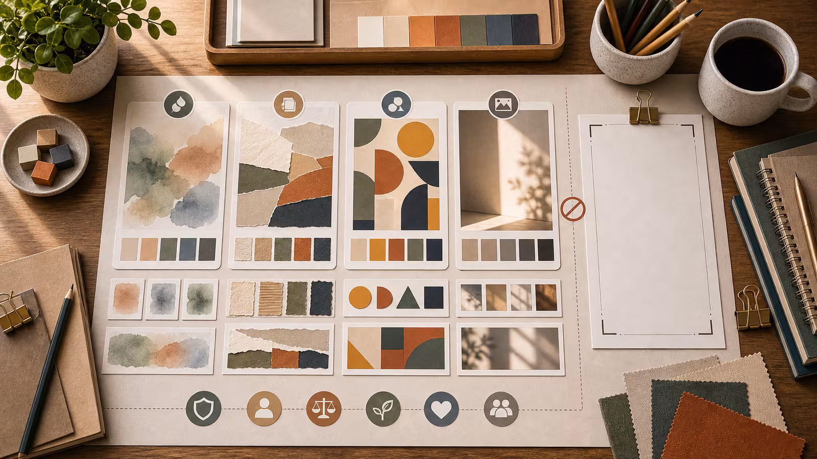 An unbranded style board with abstract medium swatches, color chips, texture samples, and blank reference cards.