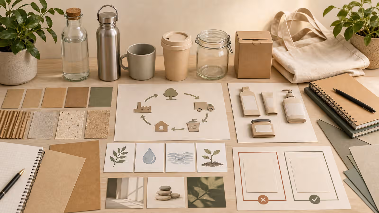 A sustainability planning desk with reusable objects, recycled-paper swatches, plant and water motif cards, blank product forms, and claim review markers.