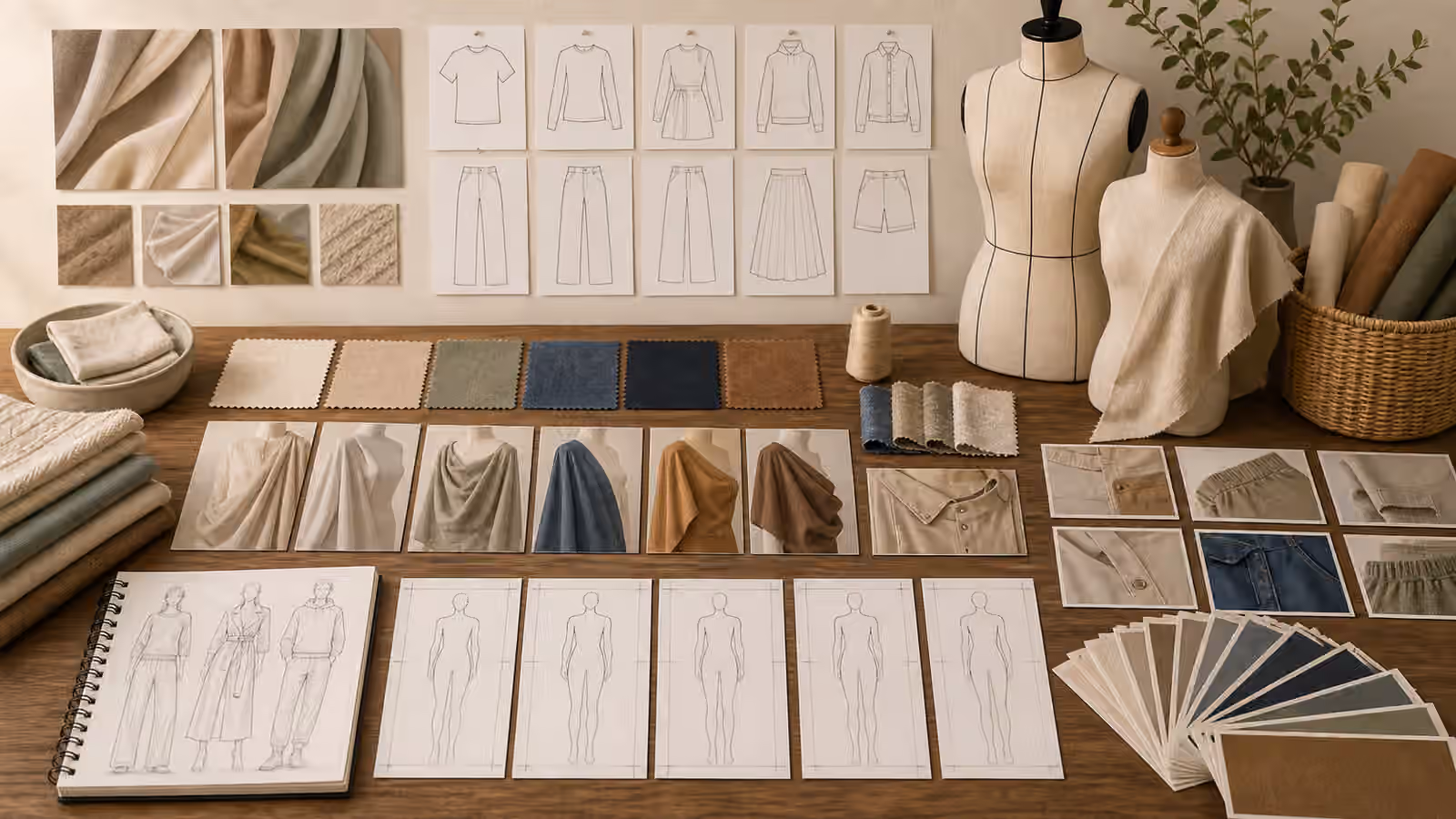 A fashion-study worktable with blank garment sketches, fabric swatches, neutral forms, crop guides, and unbranded apparel details.