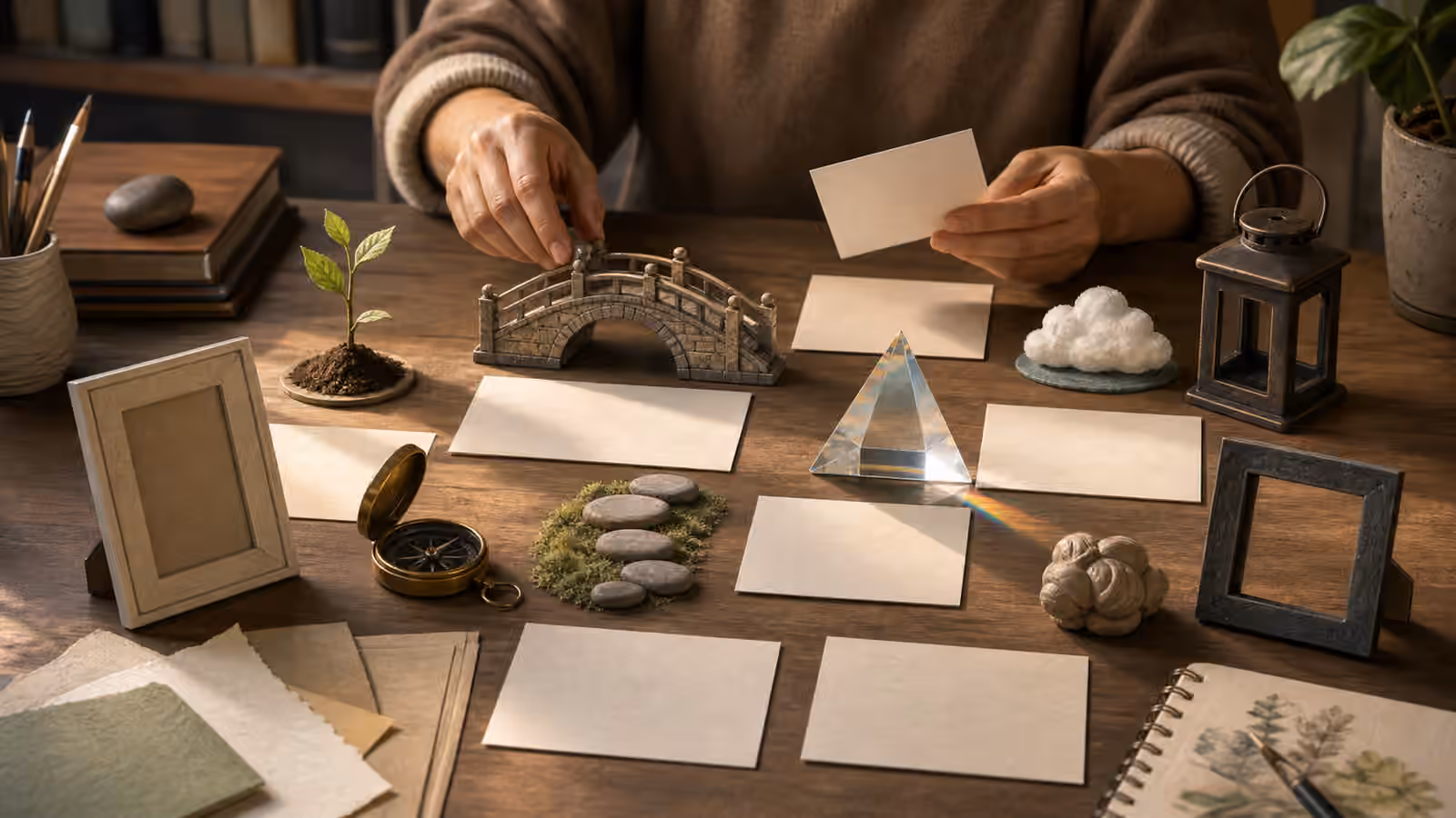 A creative planning table with blank concept cards, small model objects, a prism, path stones, and empty image frames.