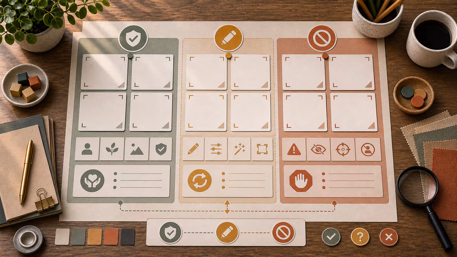 A visual AI safety boundary board with blank request cards sorted into safe, rewrite, and stop zones using shapes.
