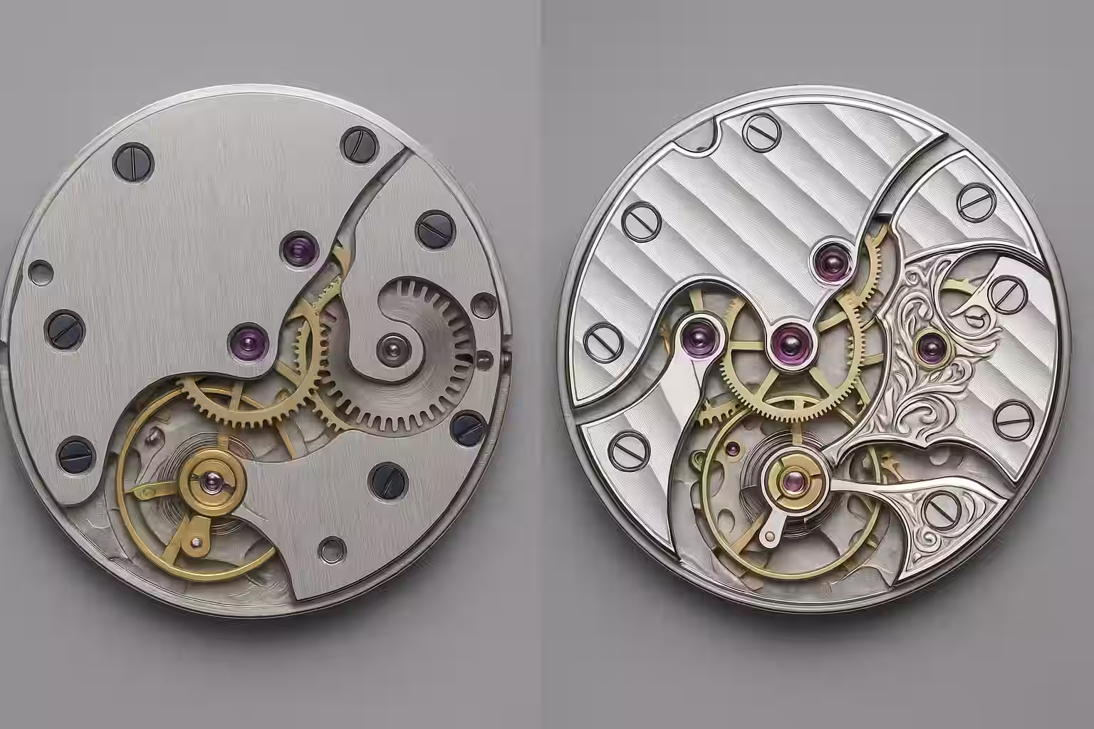 Side-by-side comparison of watch movement finishing levels - from basic brushed entry-level movement to exquisite hand-polished haute horlogerie with mirror-polished bevels, anglage, Geneva stripes, and hand-engraved balance cock