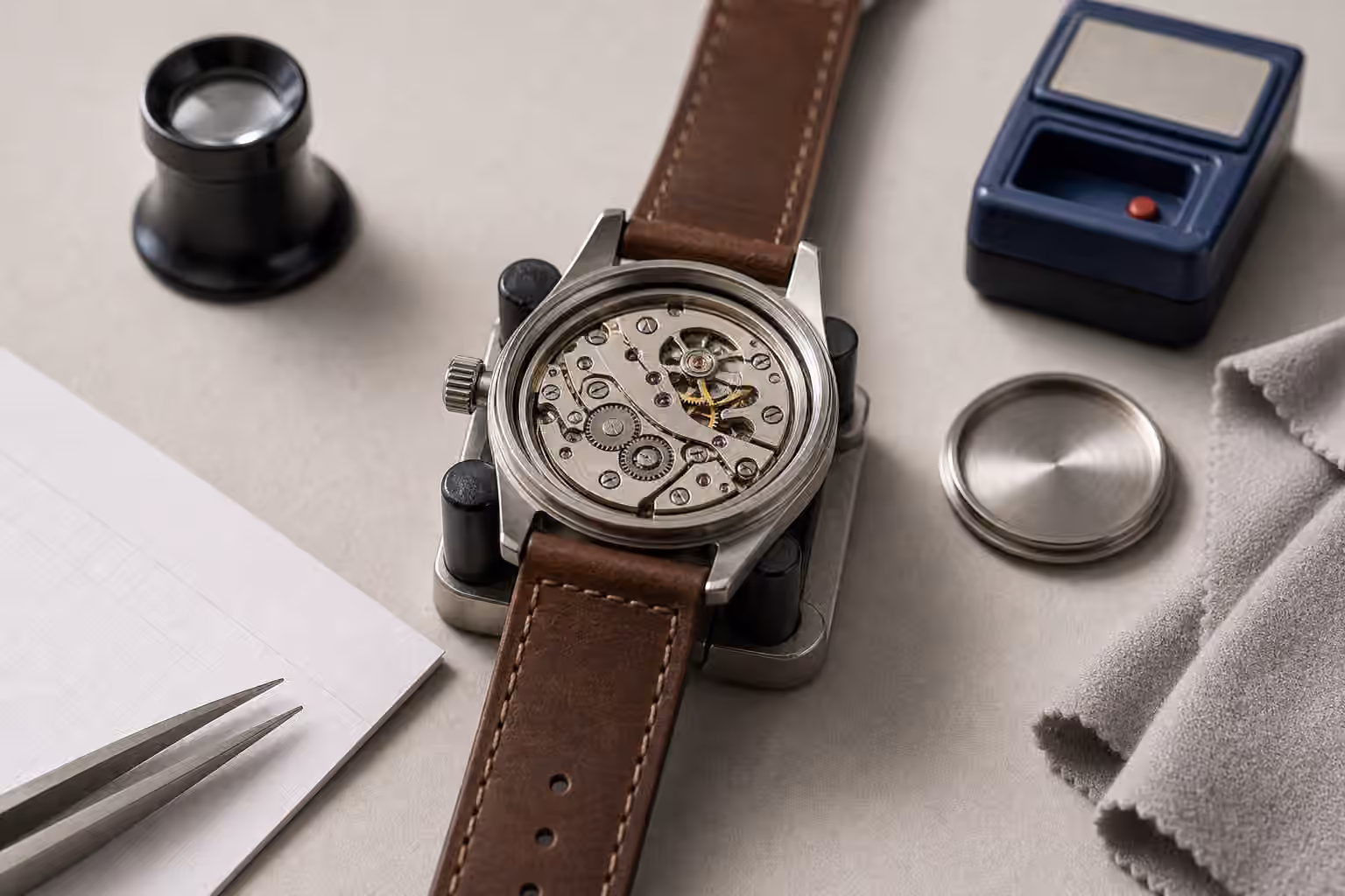 An unbranded mechanical watch sits open on a watchmaker bench with a loupe, demagnetizer, and soft cloth nearby.