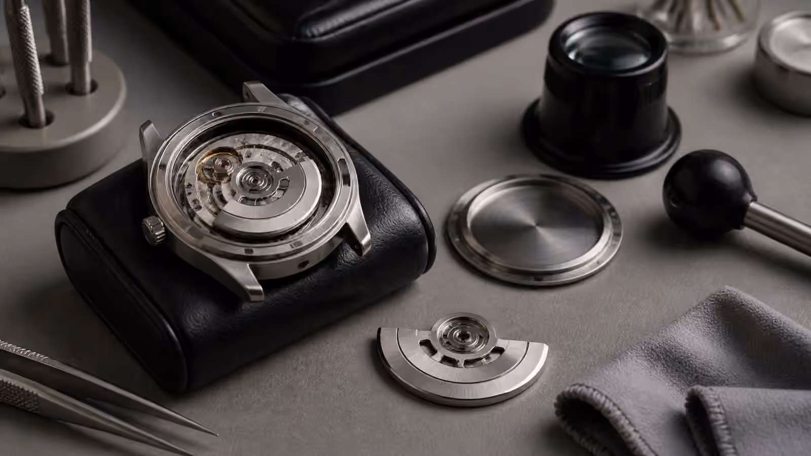 An unbranded automatic watch with display back, loose rotor-like component, loupe, and tools on a gray bench.