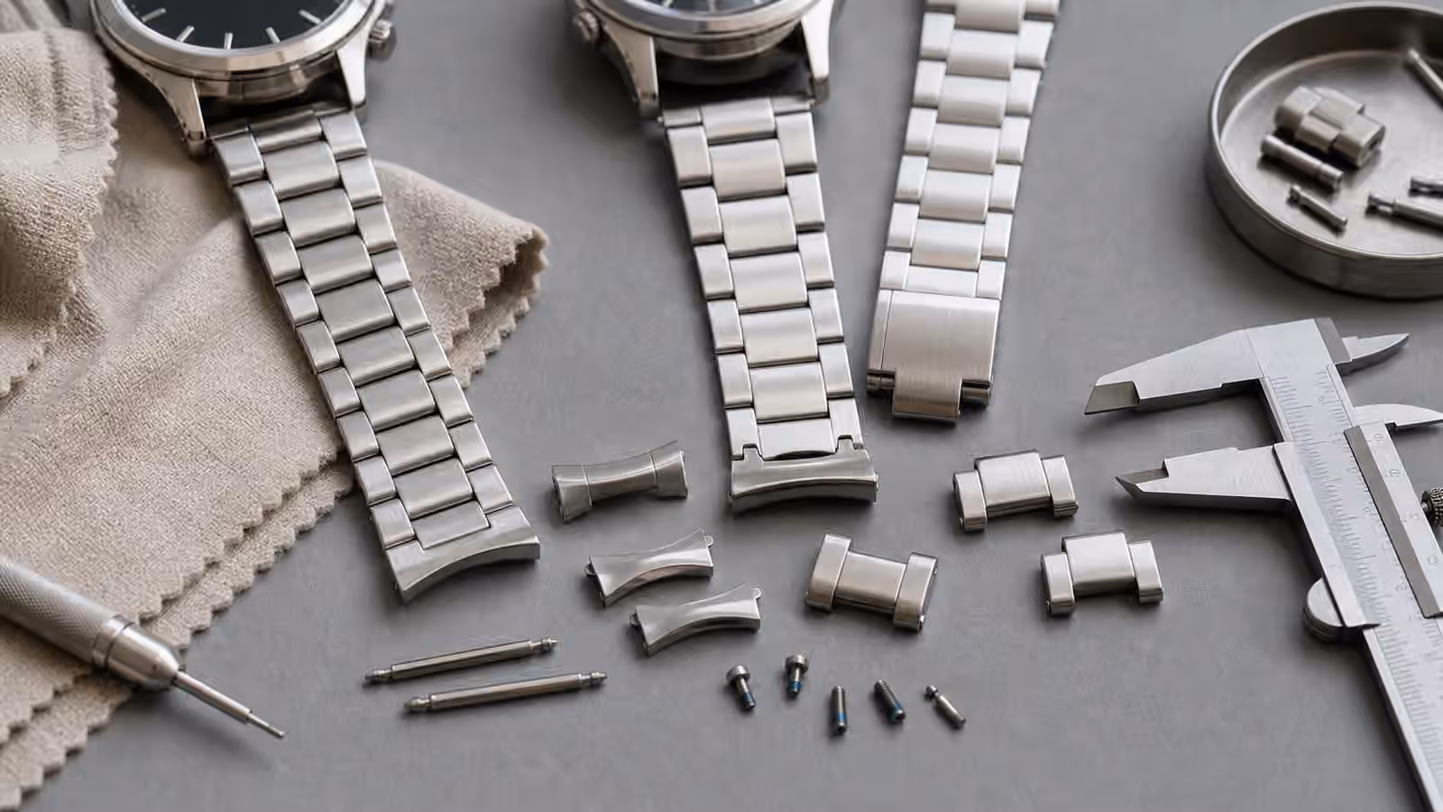 Detached unbranded watch bracelets, end links, screws, spring bars, and calipers arranged on a gray work mat.