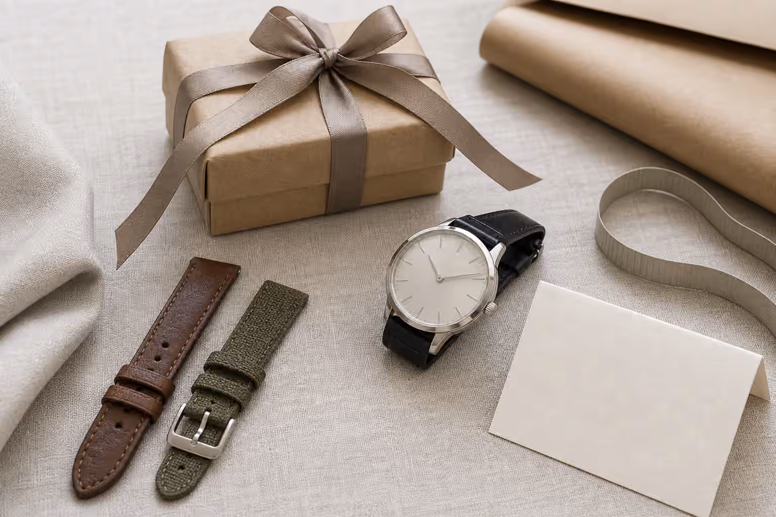 An unbranded watch rests beside a plain gift box, blank note card, neutral wrapping paper, soft measuring tape, and strap samples.