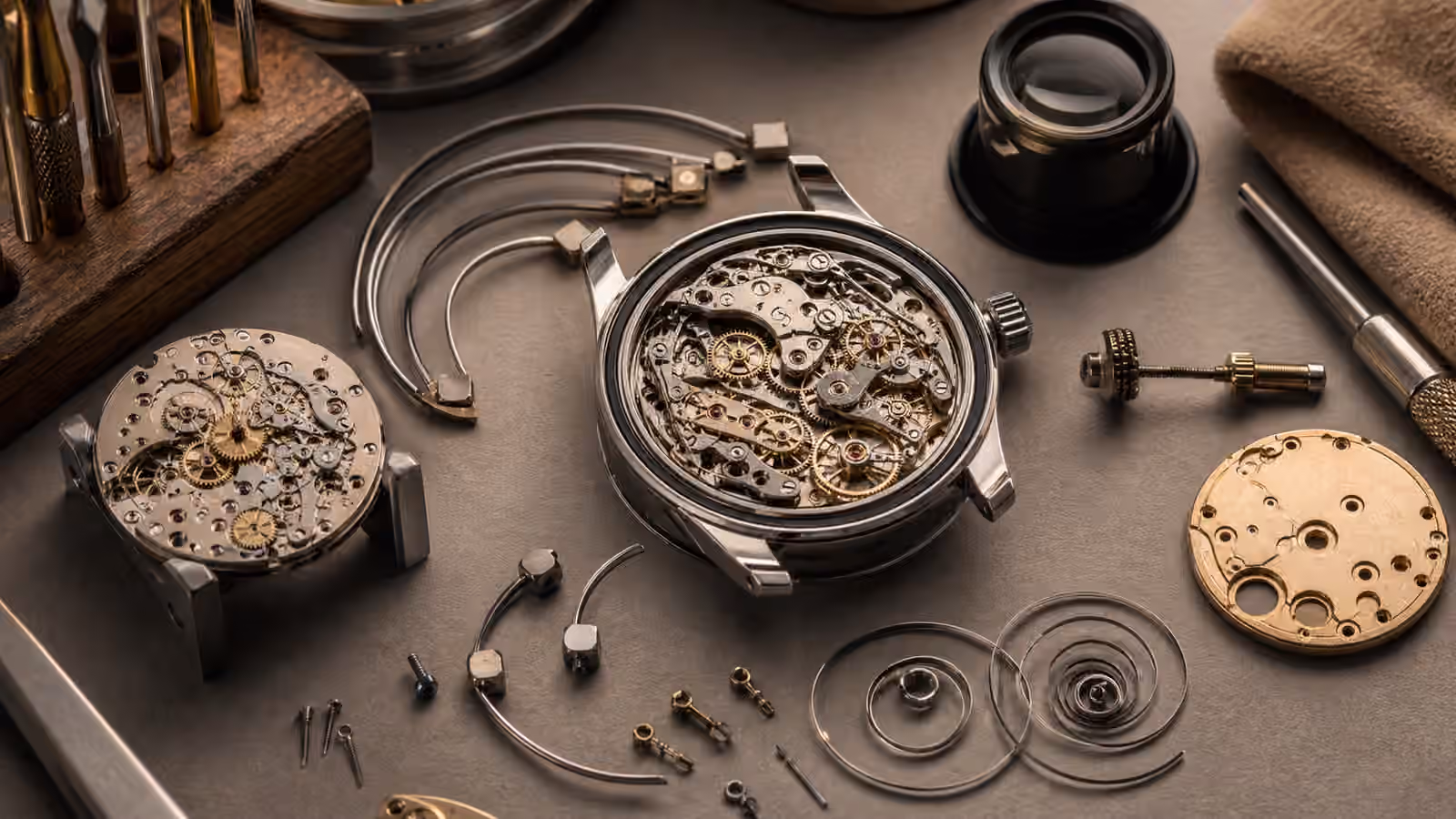 Unbranded mechanical watch parts with tiny hammers, curved gongs, cases, and a loupe arranged on a warm bench.