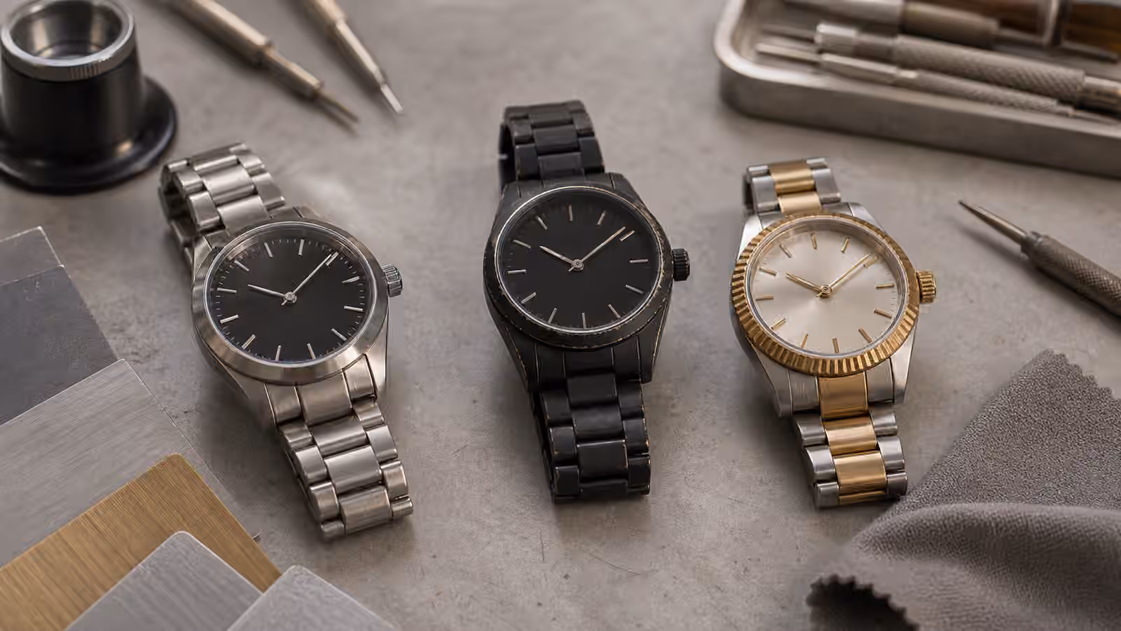 Three unbranded watches with steel, dark coated, and two-tone finishes sit on a watchmaker bench.