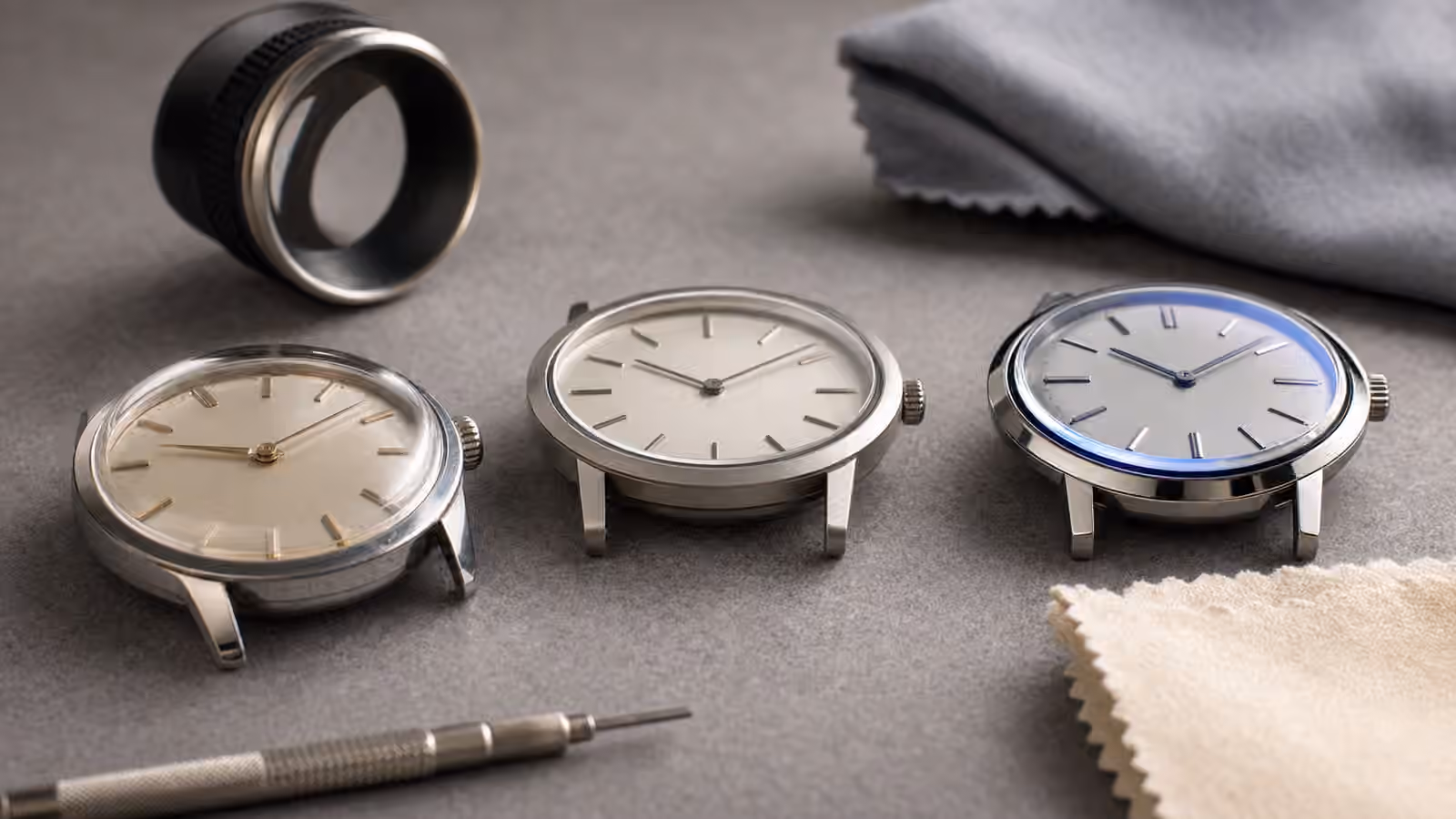 Three unbranded watches with different crystal profiles rest on a watchmaker bench beside a loupe and polishing cloth.