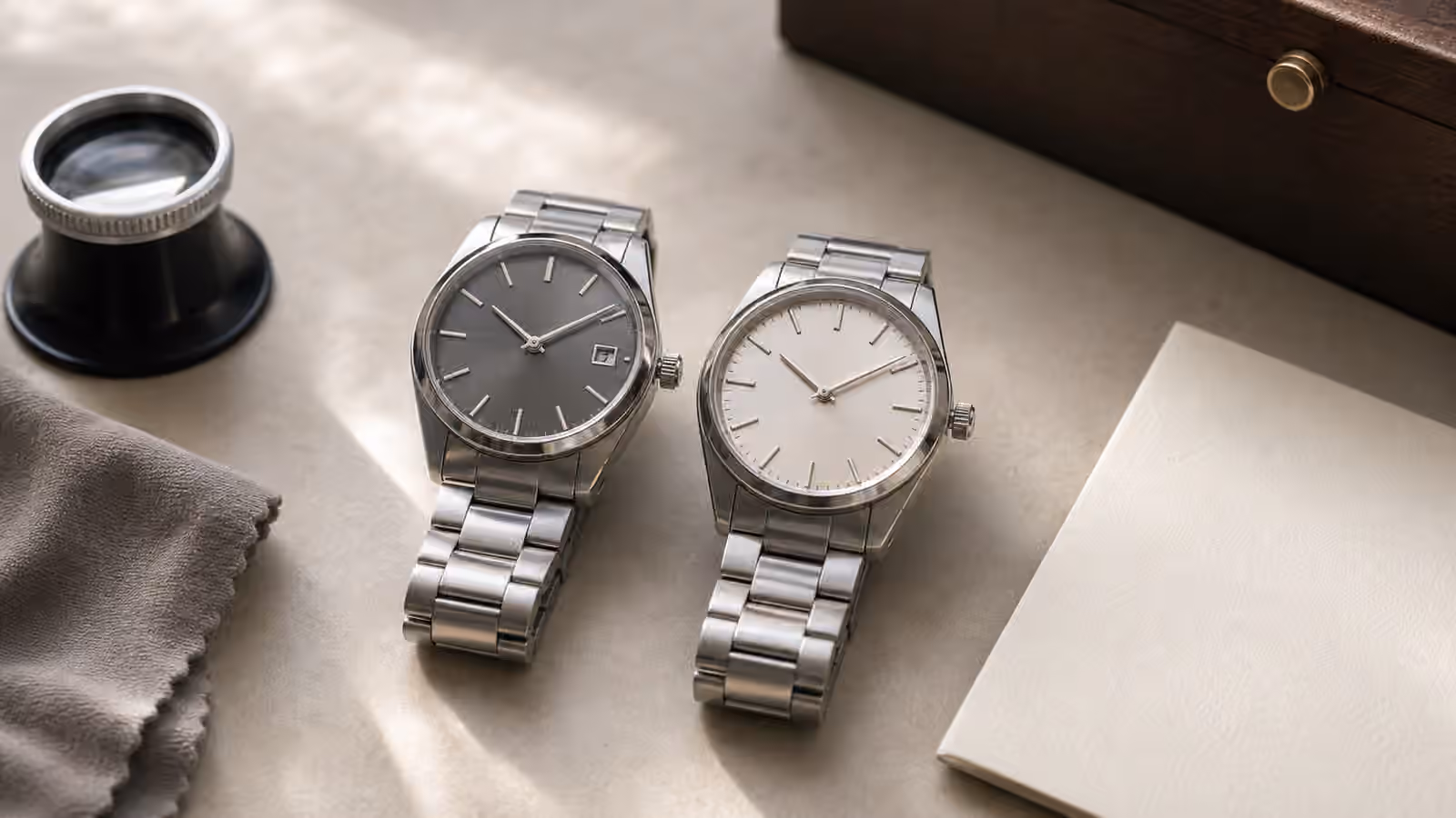 Two unbranded watches sit on a neutral collector desk, one with a date window and one with a clean no-date dial.