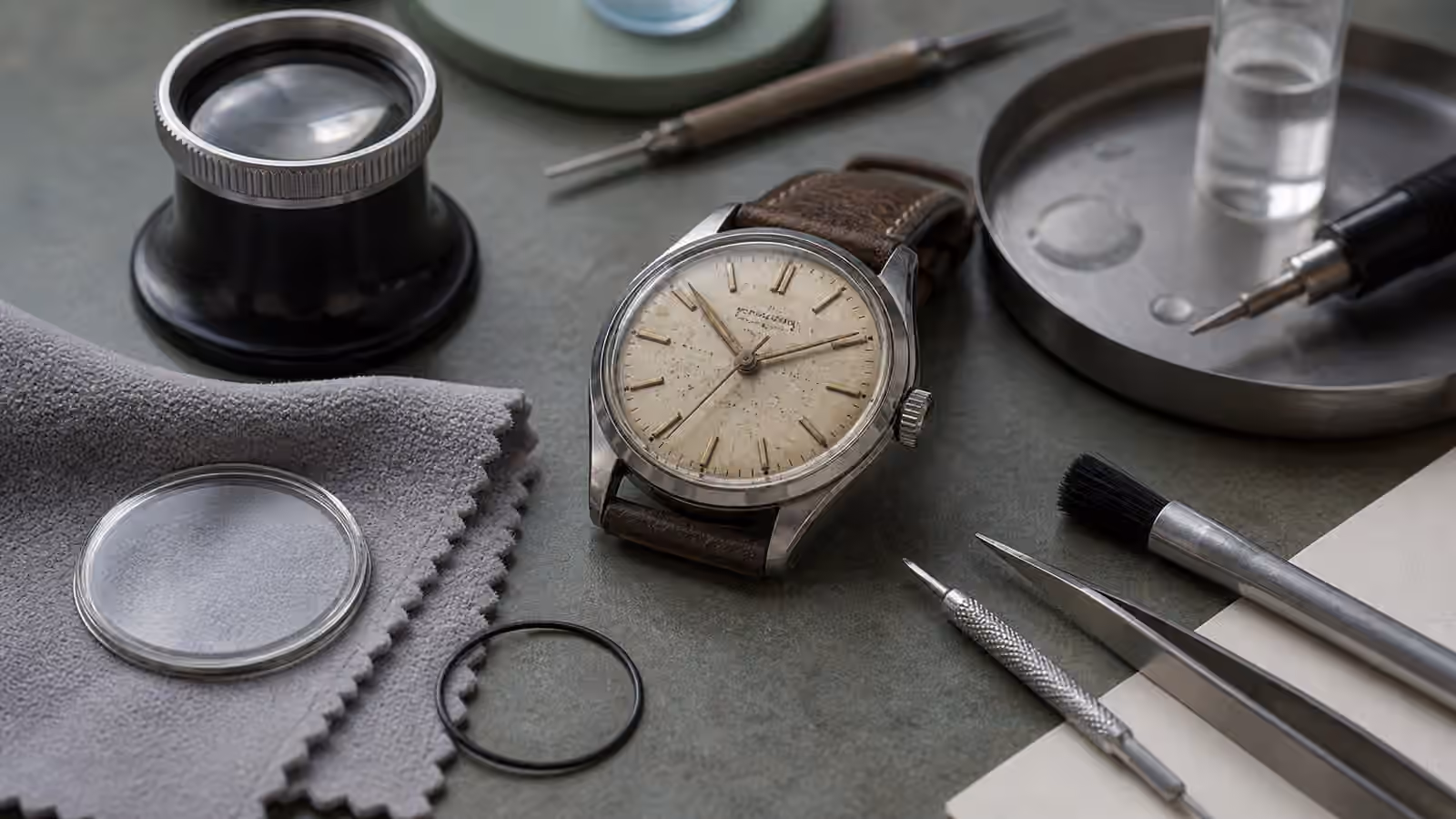 An unbranded vintage-style watch with an aged dial sits on an inspection bench beside a loupe, crystal, gasket, and tools.