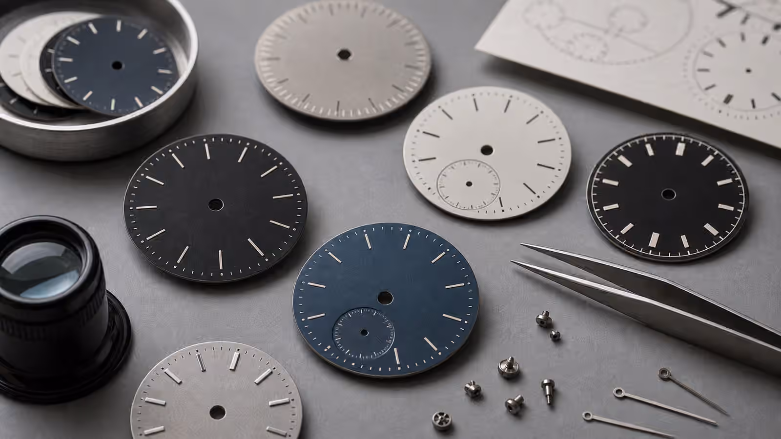 Unbranded watch dials with simple markers, loose screws, tweezers, and a loupe on a gray watchmaker bench.