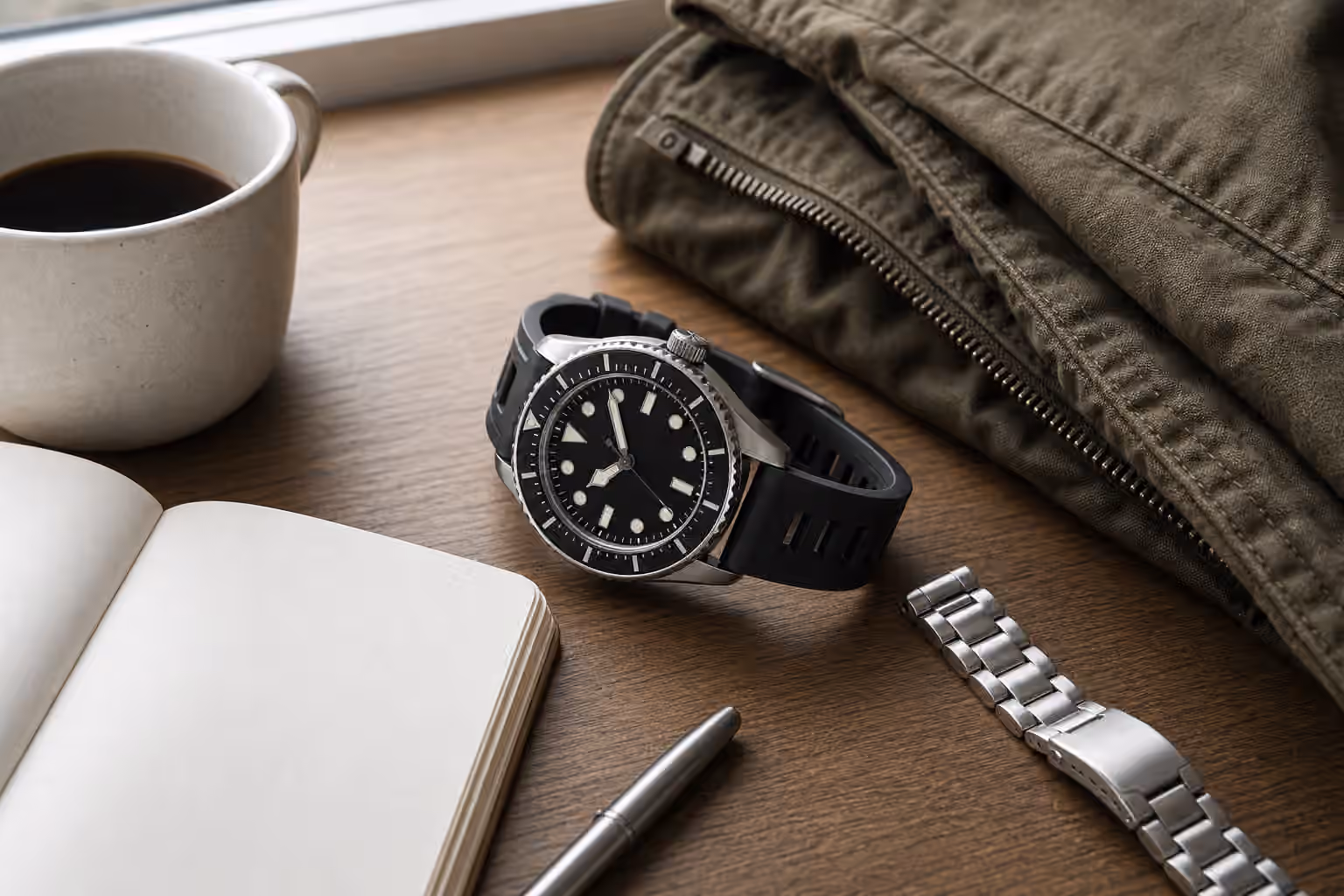 An unbranded dive-style watch with a rubber strap rests on a desk beside a jacket, blank notebook, coffee cup, and steel bracelet segment.