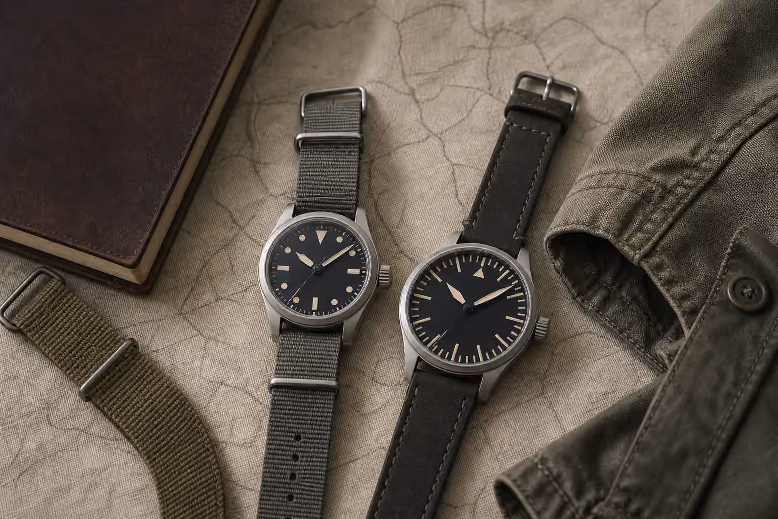 Two unbranded field and pilot style watches sit on a muted cloth map beside a plain notebook, canvas strap, and green jacket sleeve.