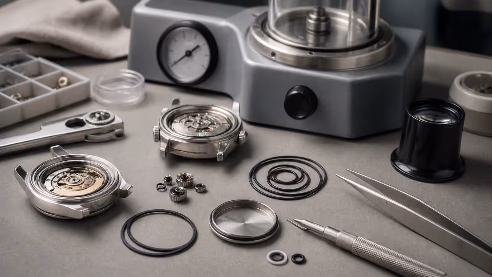 Opened unbranded watches, rubber gaskets, tweezers, and a dry pressure tester on a gray watchmaker bench.