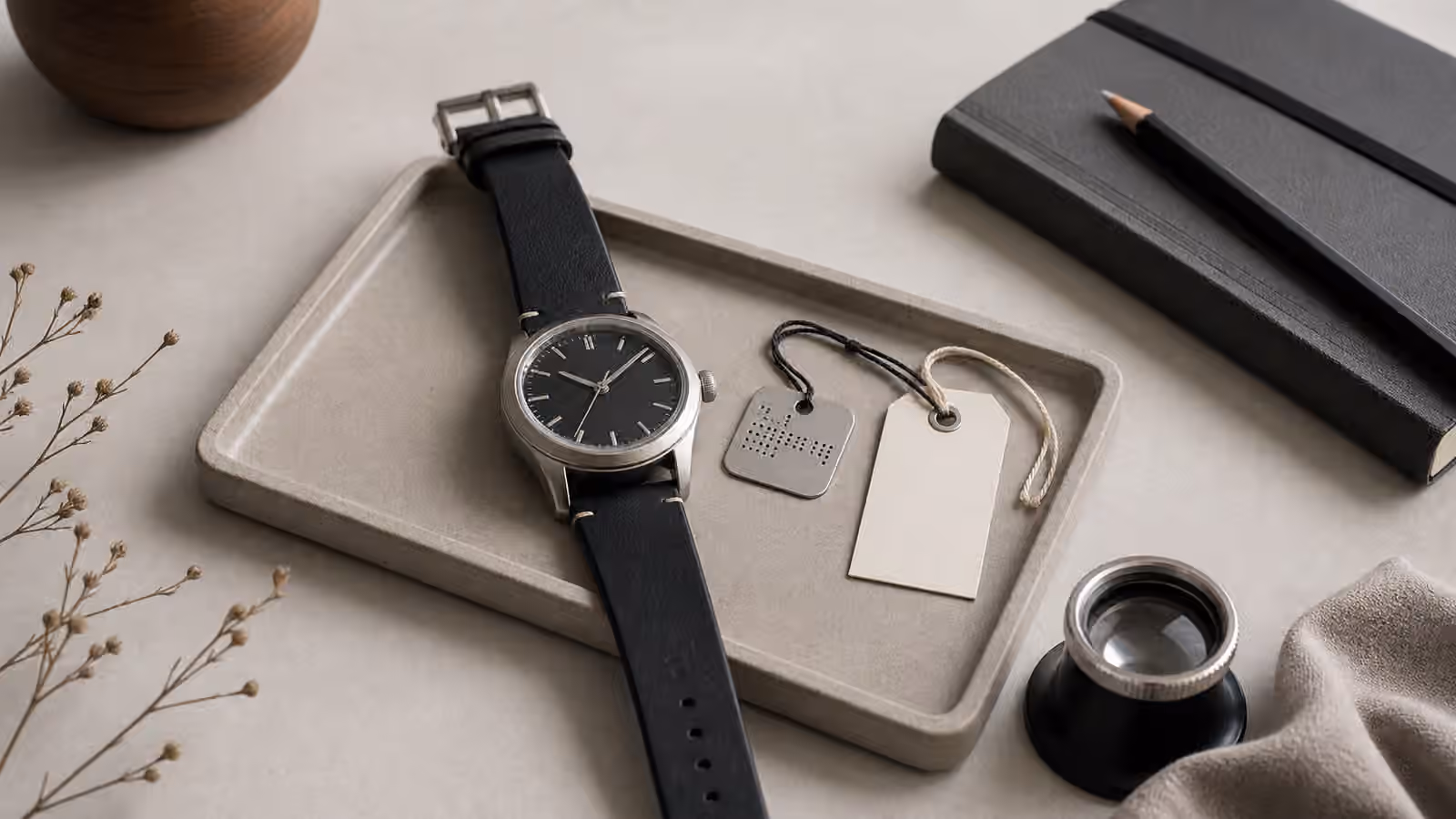 An unbranded watch rests on a collector tray beside blank tags, a notebook, pencil, and loupe.