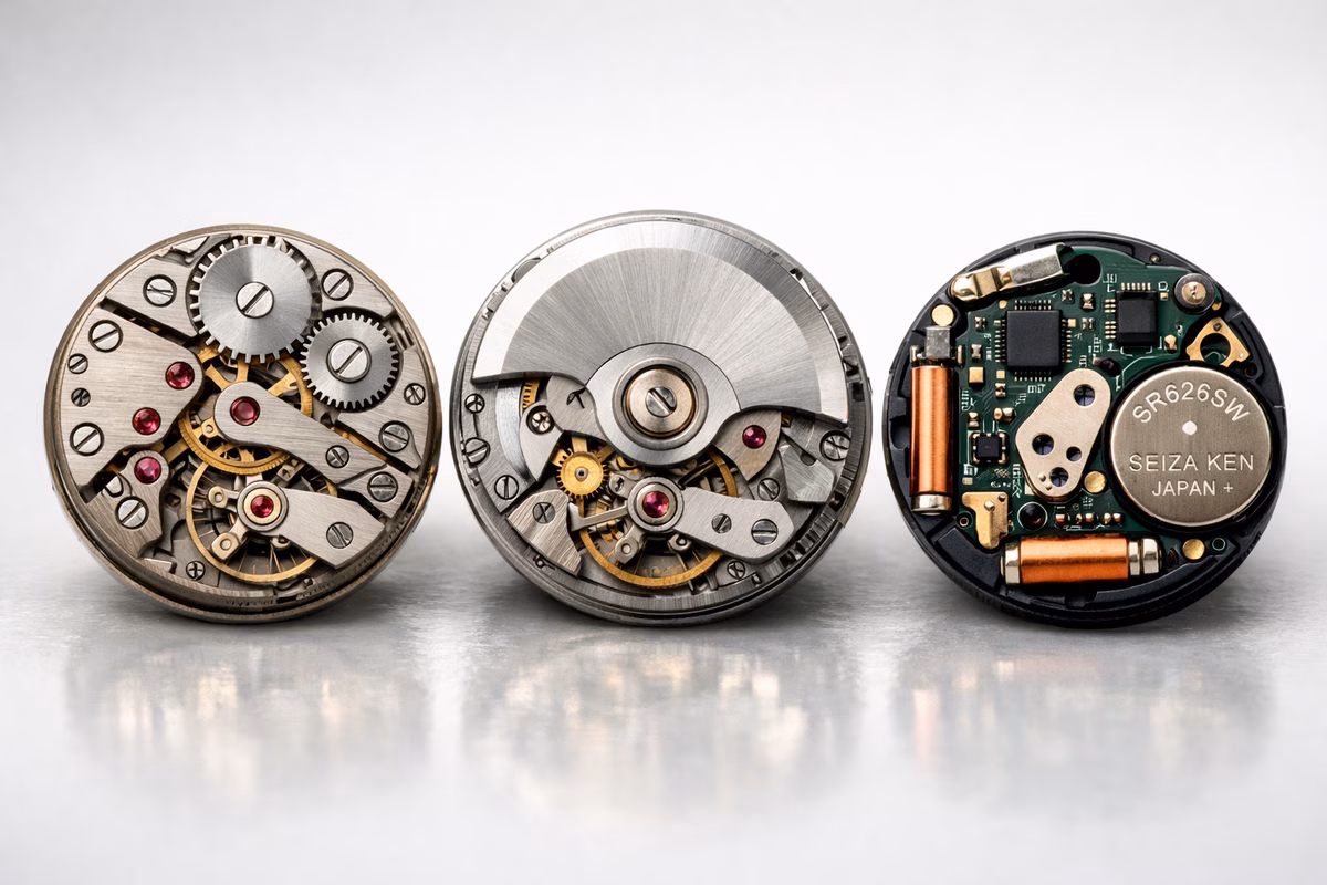 Three watch movements side by side: a manual wind movement with visible gears, an automatic movement with a rotor, and a quartz movement with a battery and circuit board, macro photography on a clean surface