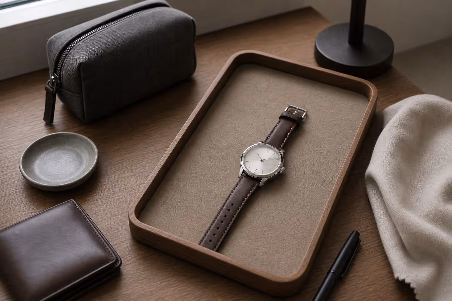 A single unbranded watch rests in an otherwise empty wooden tray beside a travel pouch, wallet, soft cloth, and small bedside dish.