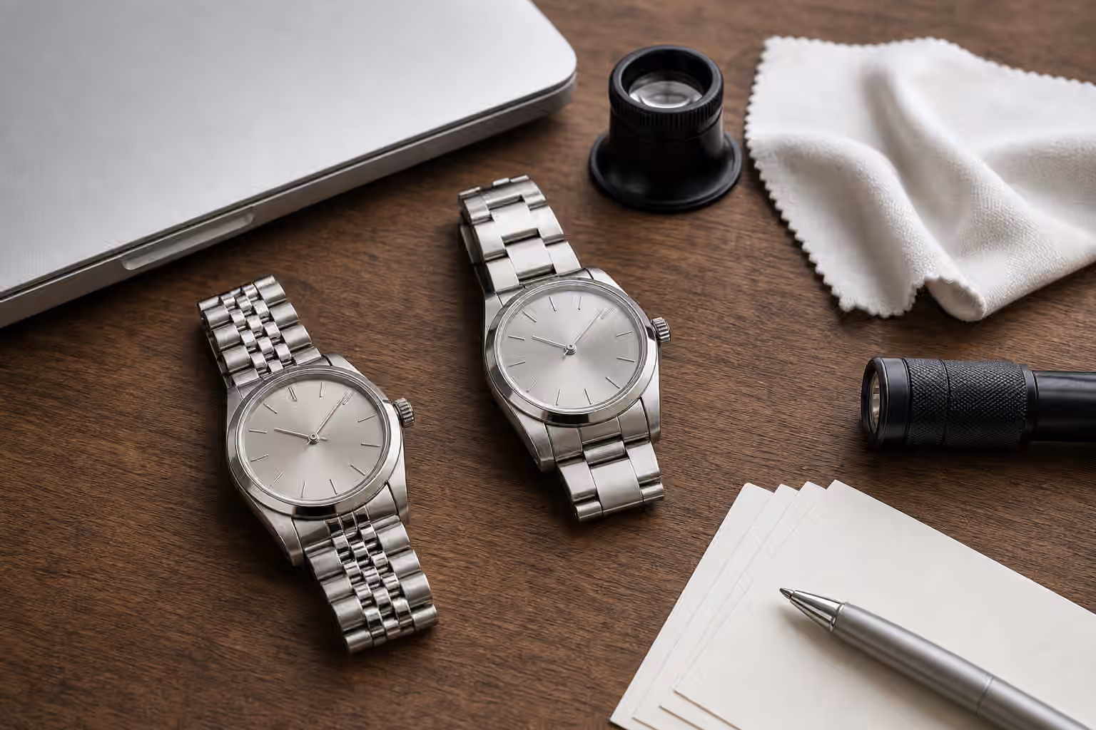 Two unbranded watches sit on a collector desk beside a closed laptop, loupe, flashlight, blank cards, and polishing cloth.