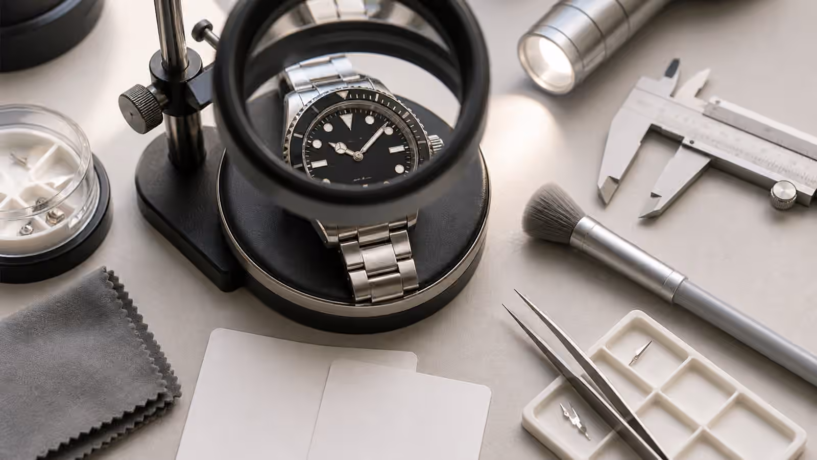 An unbranded dive-style watch sits under a loupe on an inspection desk with calipers, flashlight, brush, and blank cards.