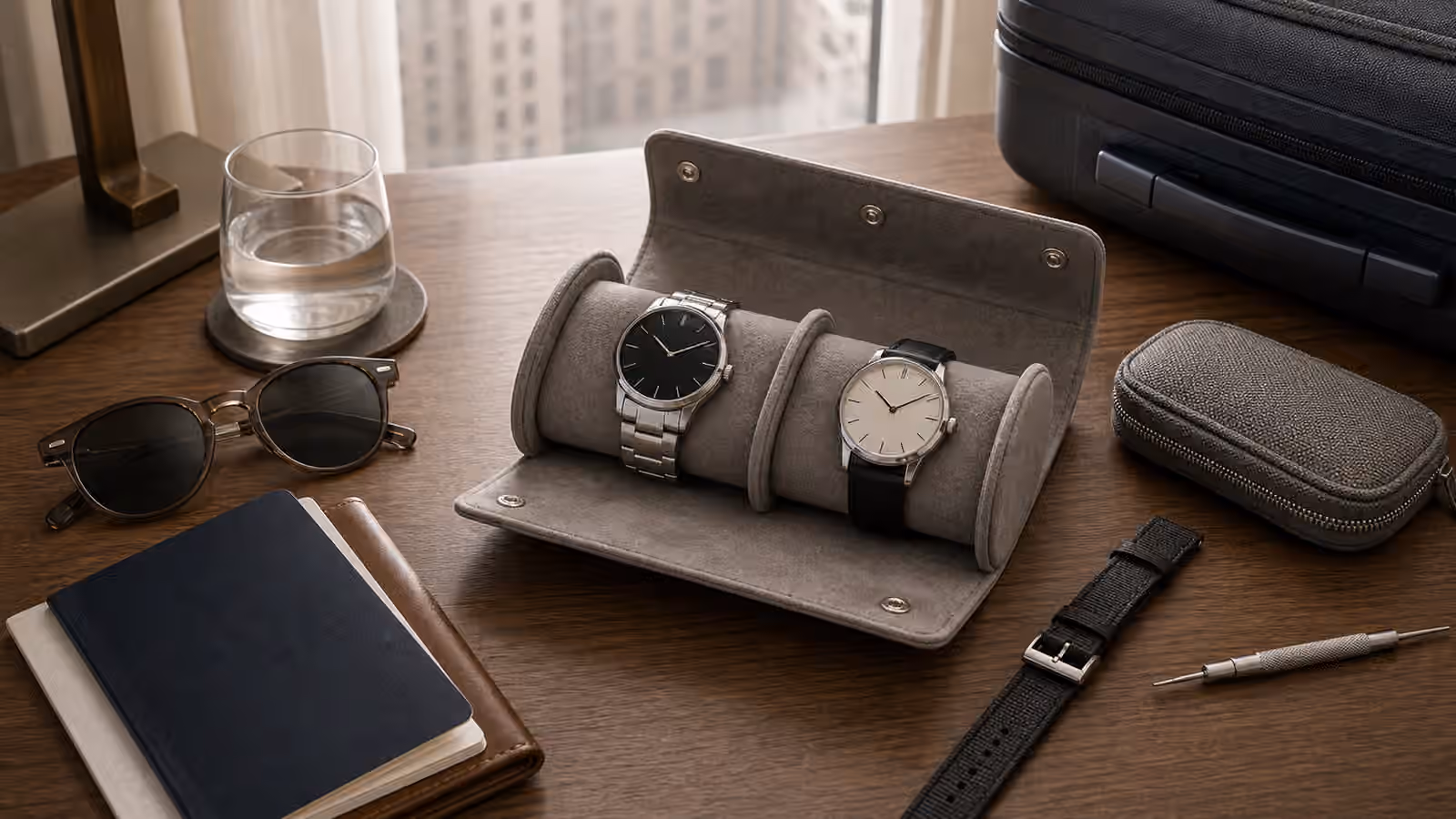 Two unbranded watches, a soft watch roll, small pouch, spare strap, blank booklet, sunglasses, and carry-on edge on a hotel desk.
