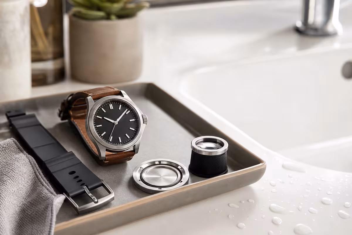 An unbranded wristwatch rests on a tray near a sink with a rubber strap, leather strap, loupe, gasket tool, and water droplets nearby.