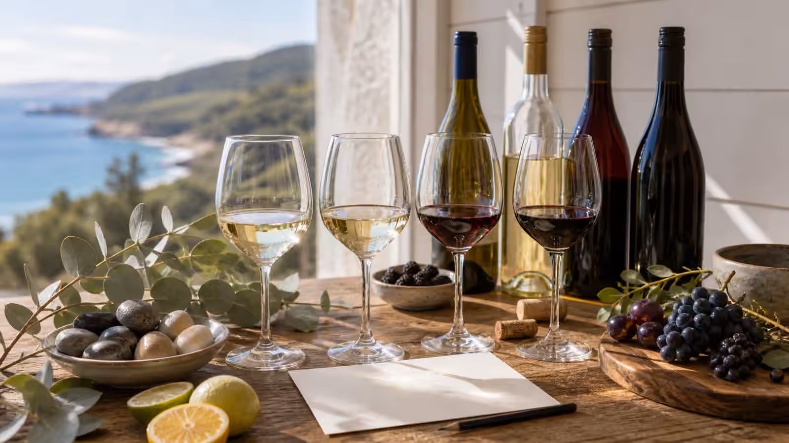 Four Australian and New Zealand style wine glasses beside unbranded bottles, citrus, berries, stones, leaves, corks, and a blank tasting card by a bright window.