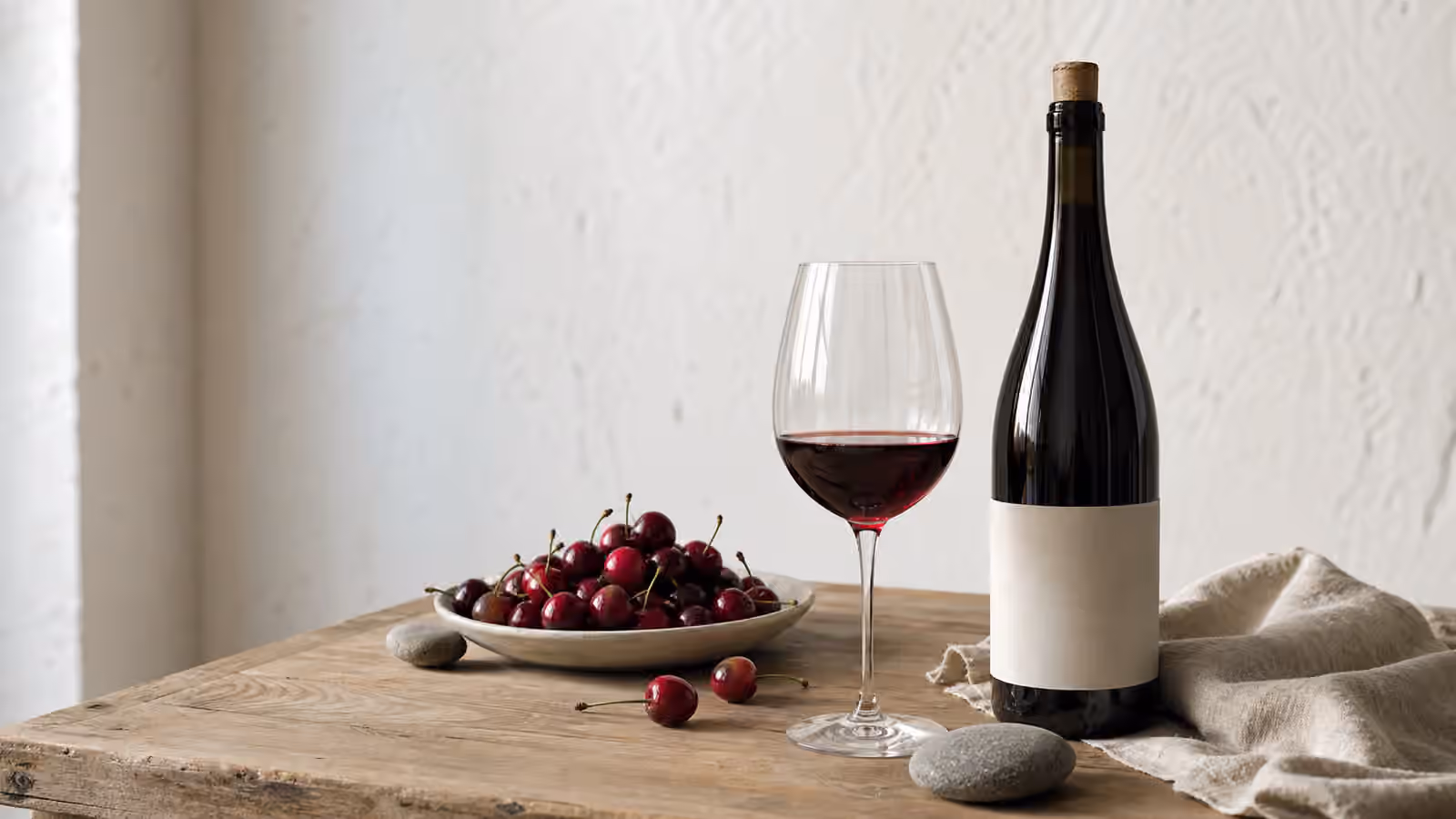 A glass of light red wine beside an unbranded bottle, cherries, linen, and smooth stones on a wooden table.