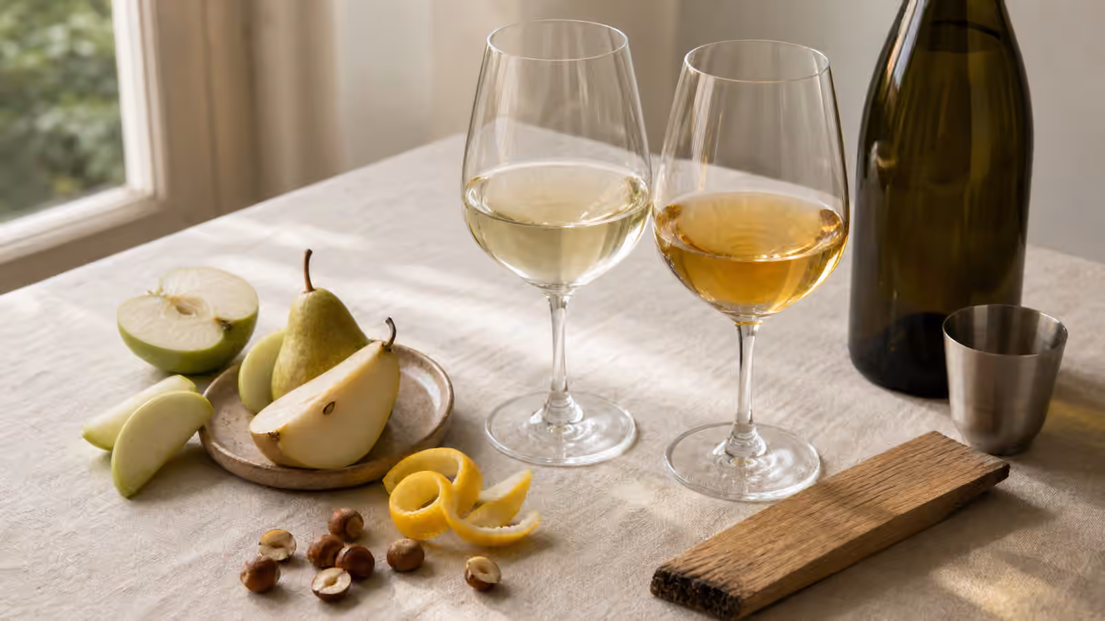 Two glasses of pale and golden Chardonnay beside pear, apple, lemon peel, hazelnuts, an oak stave, and an unbranded bottle.