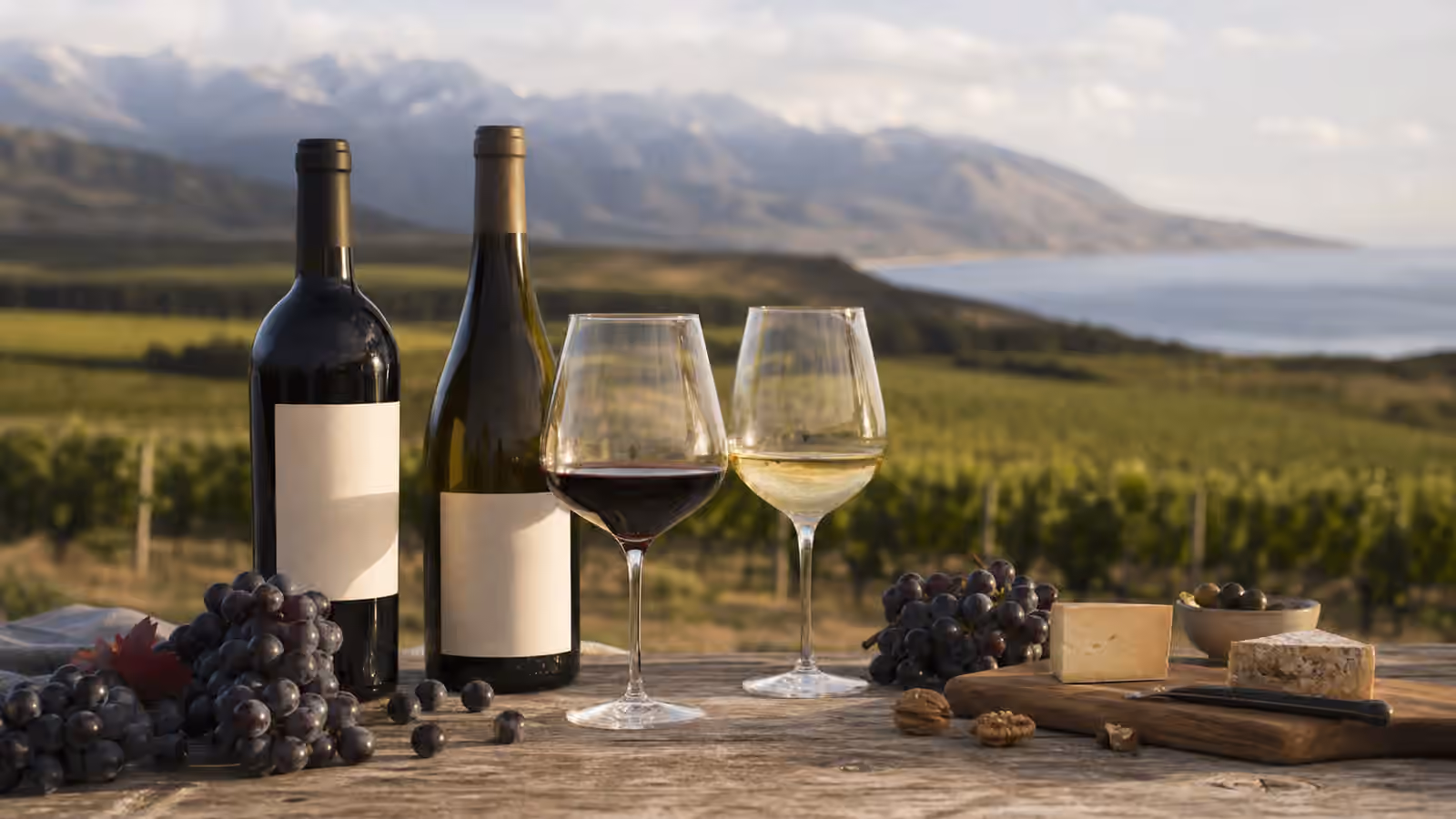 Glasses of red and white wine beside unbranded bottles, grapes, wood, and a distant mountain vineyard landscape.