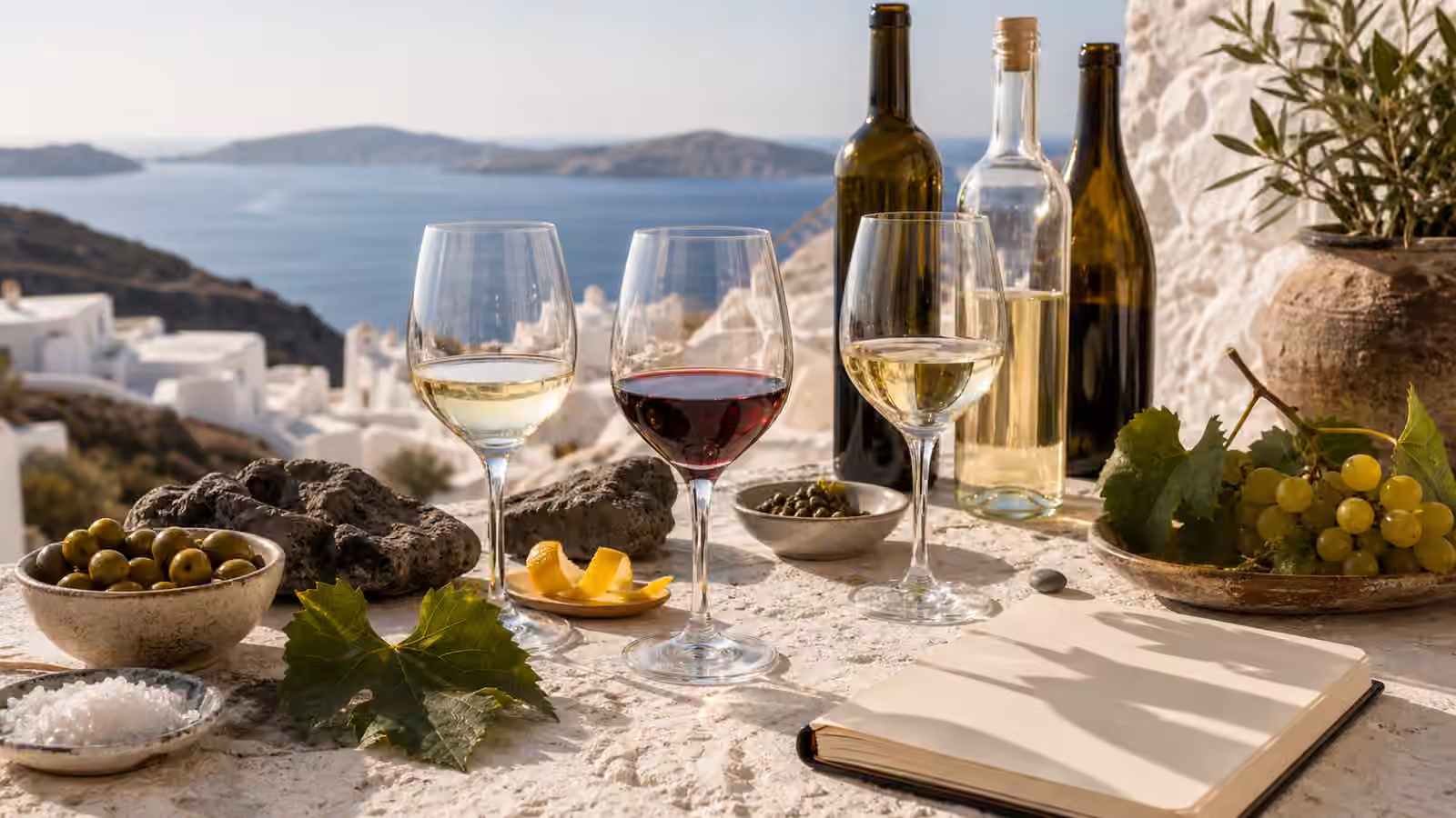 Greek-style wine glasses beside unbranded bottles, grapes, olives, lemon peel, sea salt, volcanic stones, and a blank notebook on a sunlit stone table.