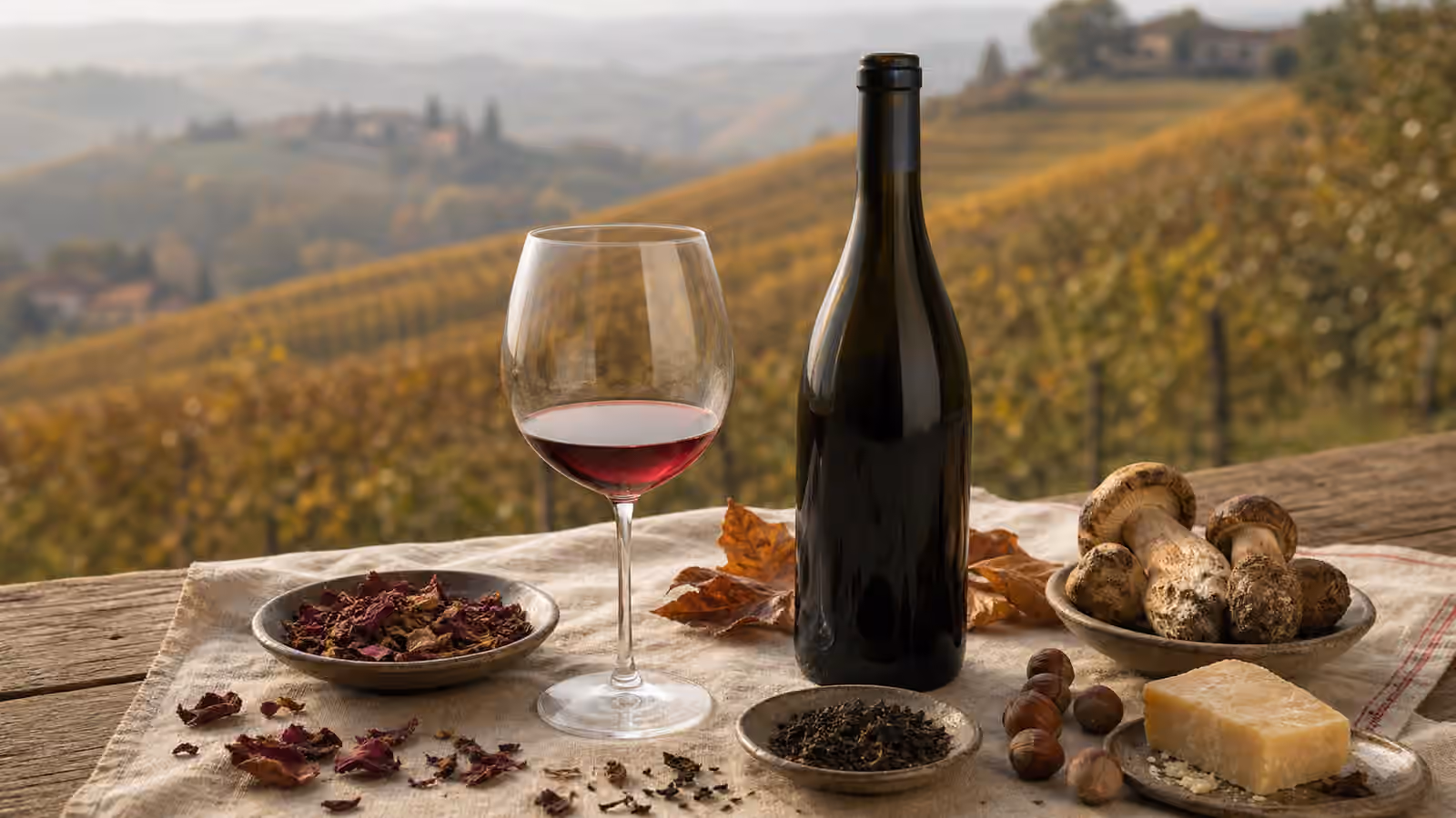 A glass of pale garnet Nebbiolo beside dried rose petals, mushrooms, tea leaves, hazelnuts, aged cheese, and an unbranded bottle.
