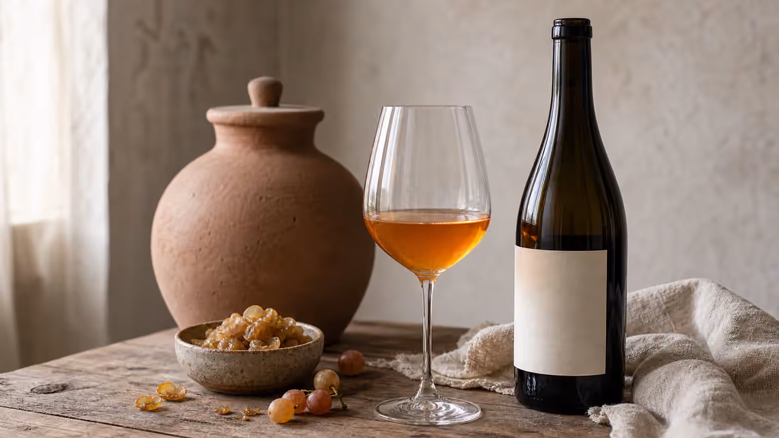 A glass of amber-orange wine beside an unbranded bottle, grape skins, a clay vessel, and linen on a wooden table.