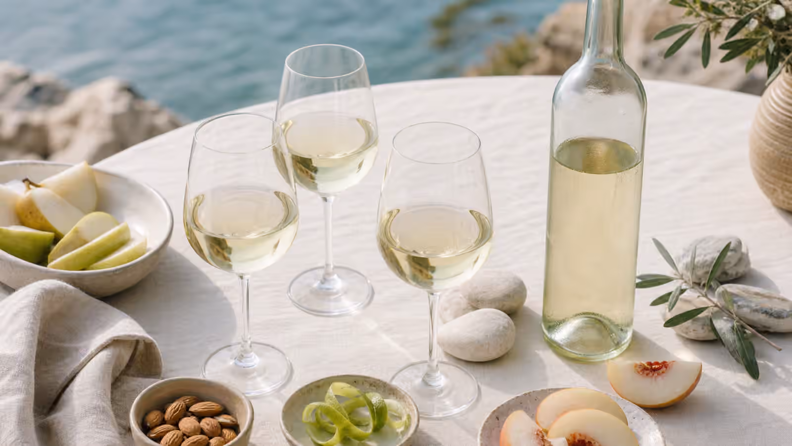 Three glasses of pale white wine beside pear, lime peel, white peach, almonds, smooth stones, linen, and an unbranded bottle.